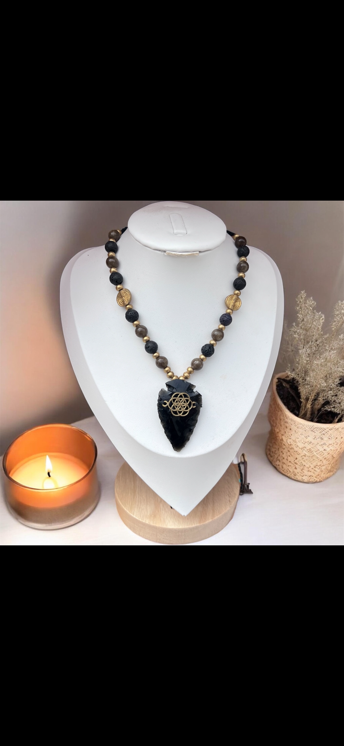 Obsidian Arrowhead, Lava Stone & Jade Beaded Necklace