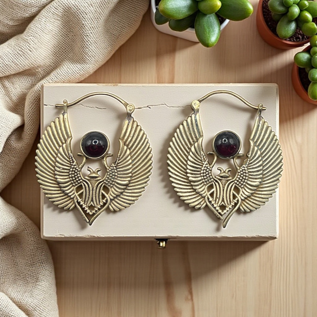 Brass Scarab Earrings with gemstone