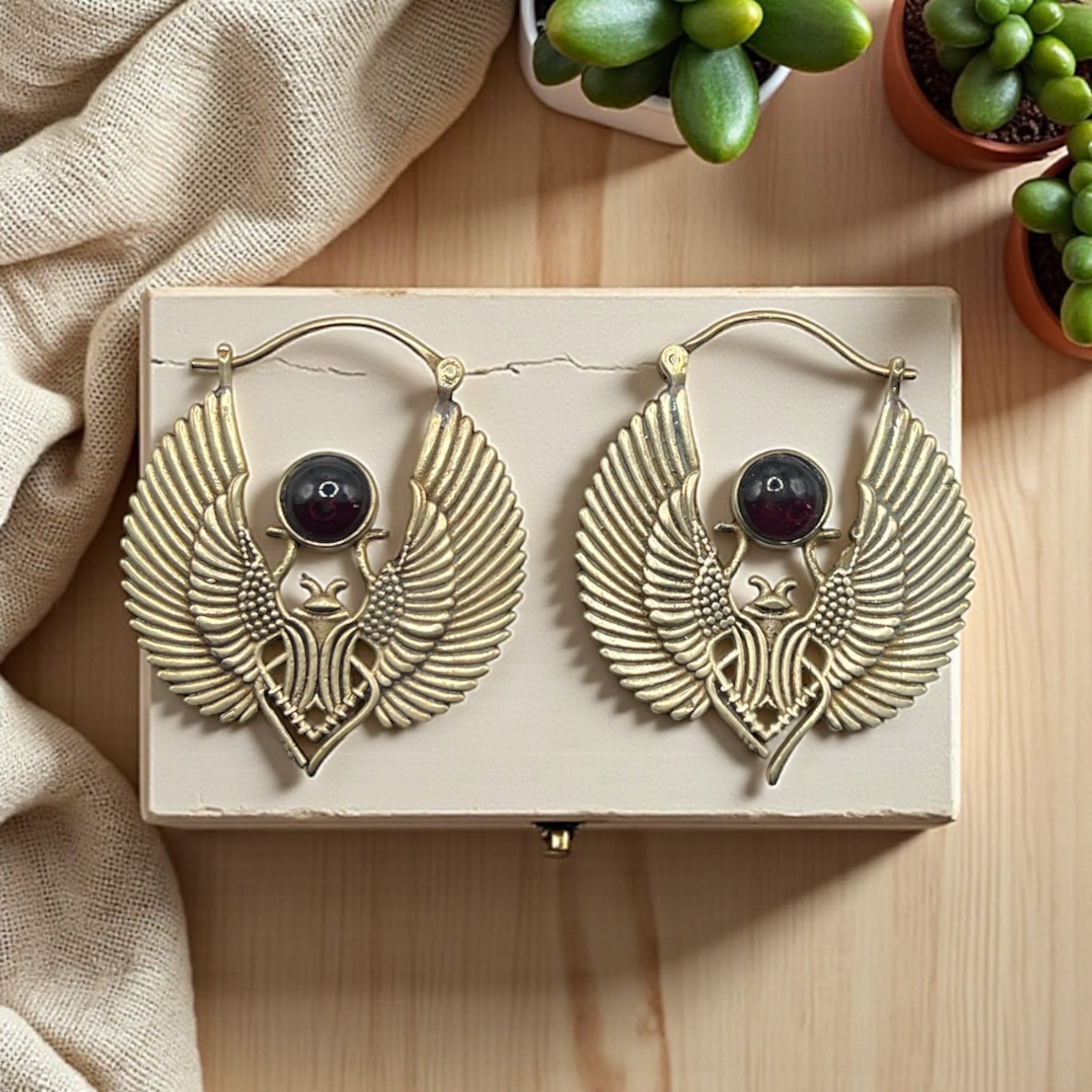 Brass Scarab Earrings with gemstone