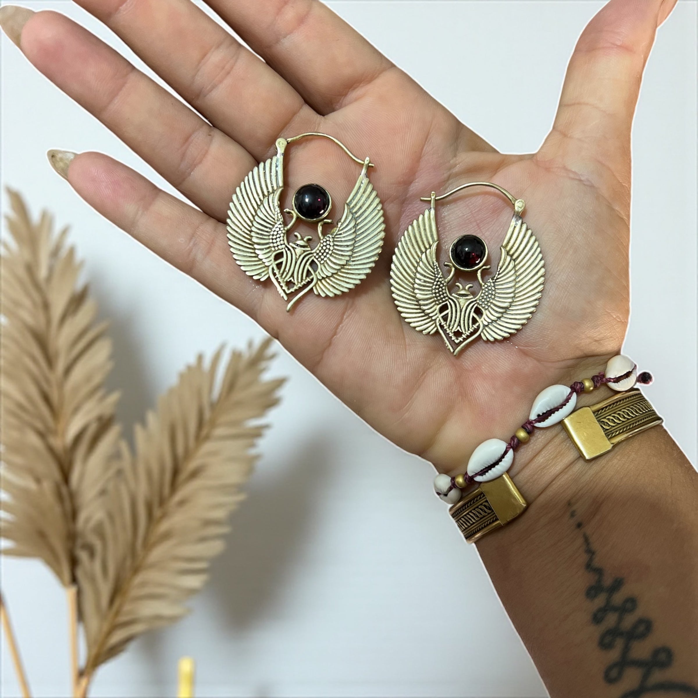 Brass Scarab Earrings with gemstone