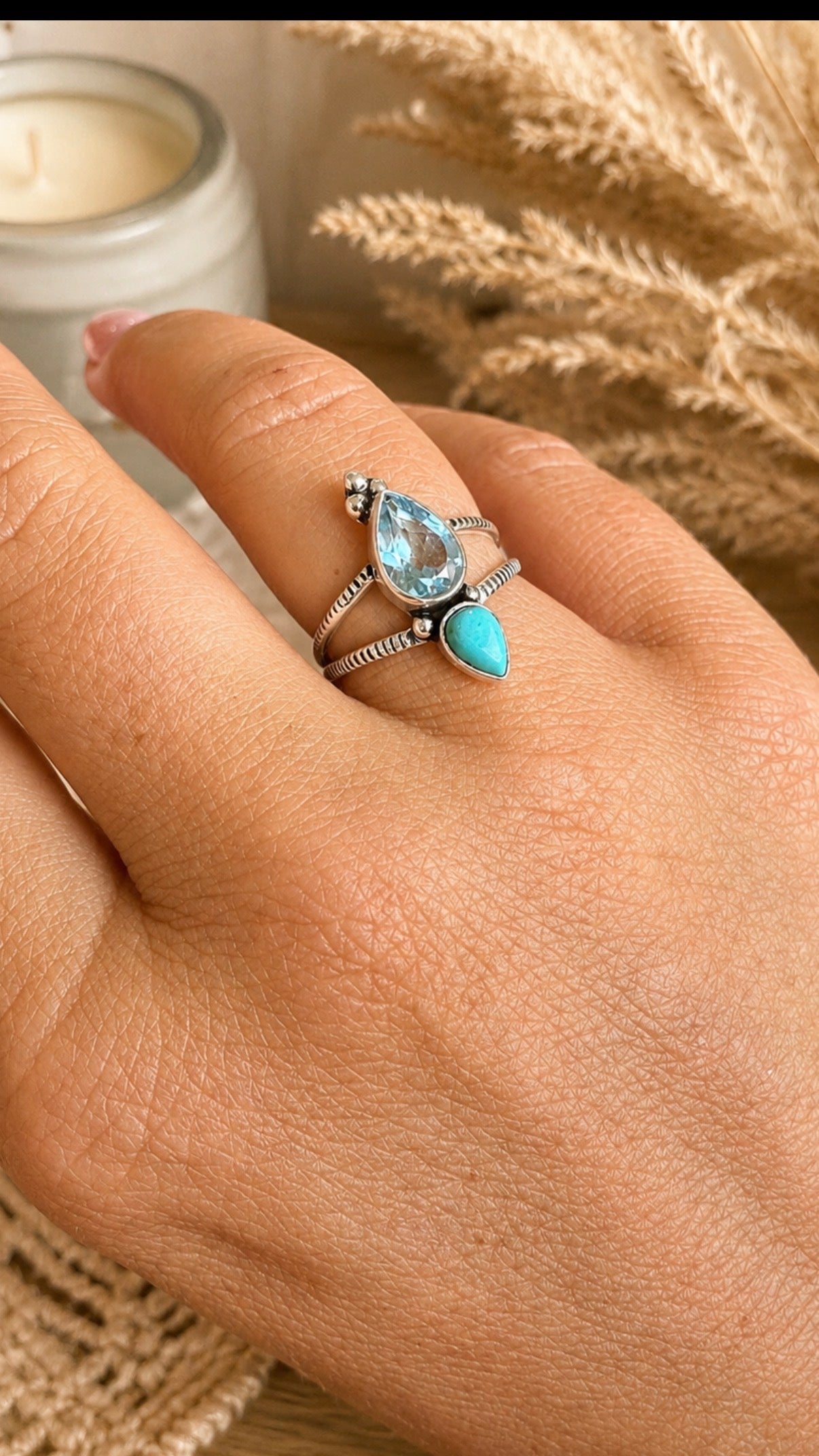 Blue Topaz & Turquoise Ring – Sterling Silver 925
