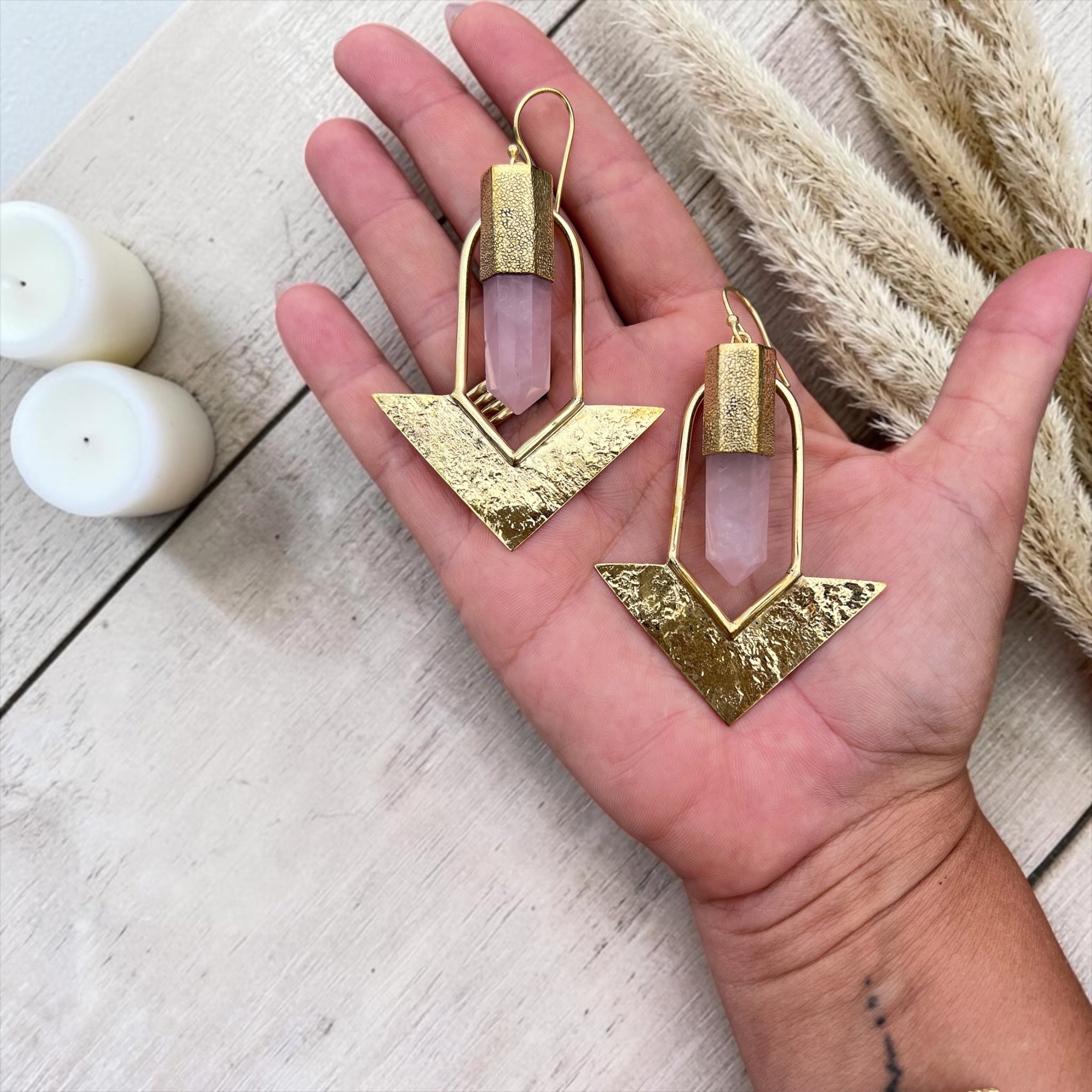 Rose Quartz Brass Earrings