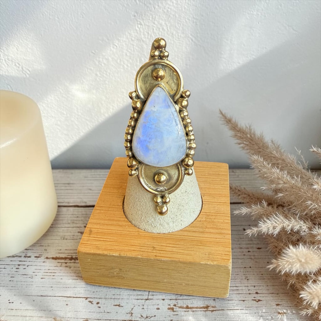 Statement Rainbow Moonstone Brass Ring
