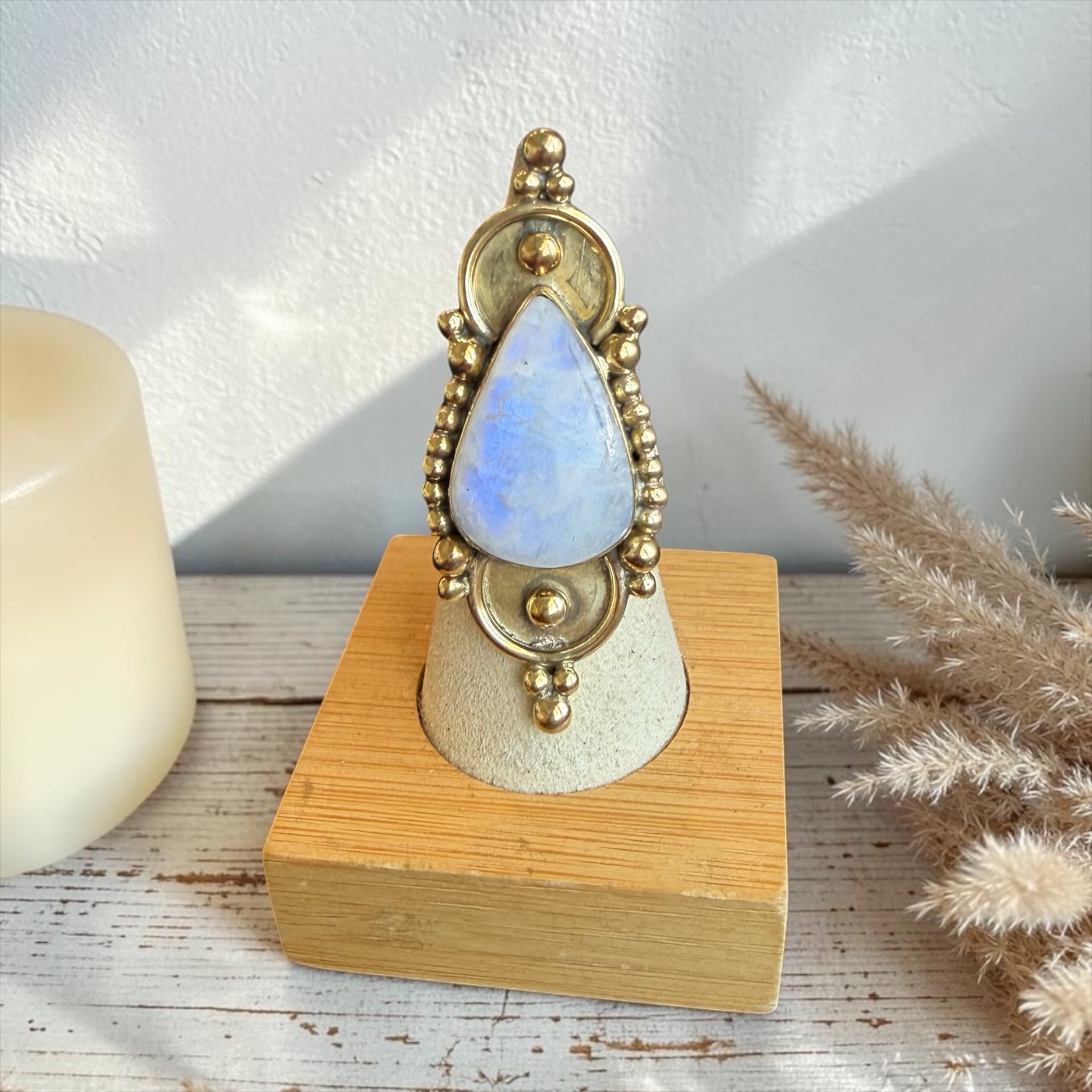 Statement Rainbow Moonstone Brass Ring