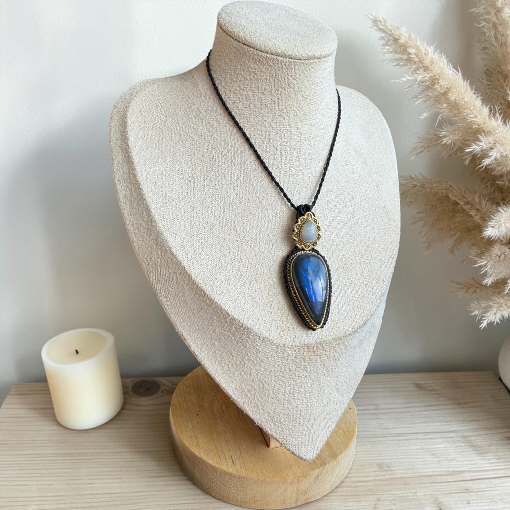 Labradorite & Rainbow Moonstone Macramé Necklace – Handmade with Intention