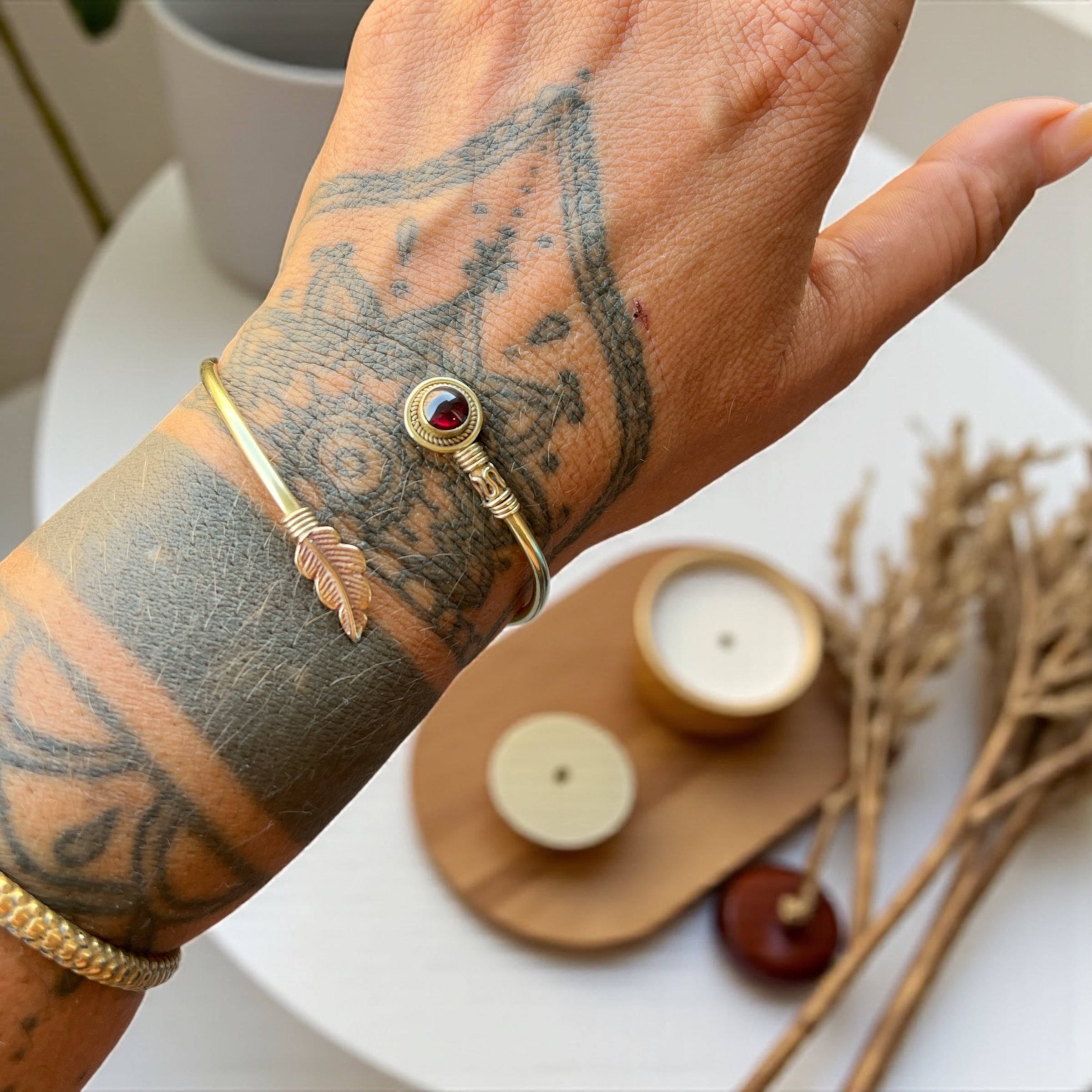 Feather Bracelet with Red Garnet