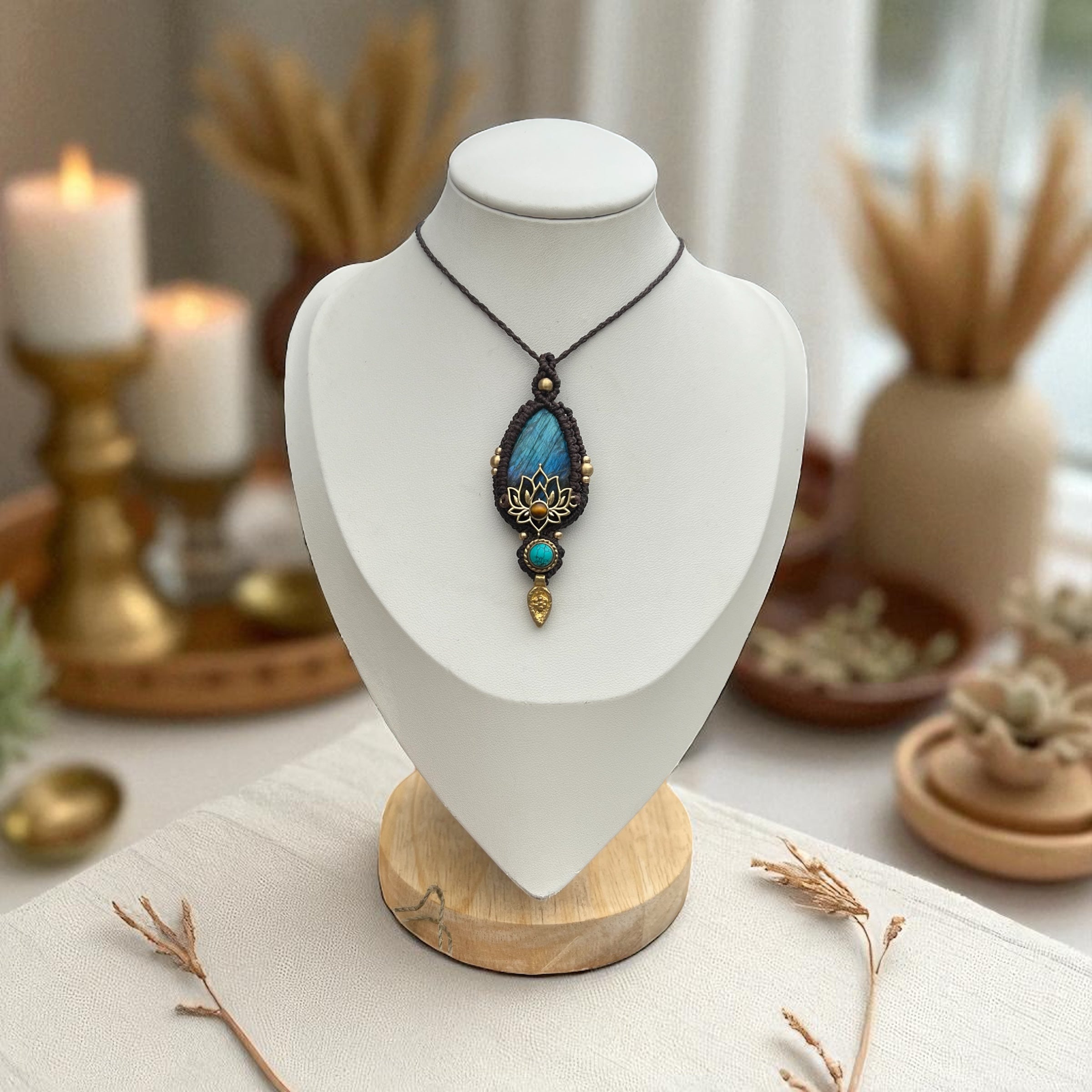 Lotus Flower Necklace with Labradorite & Tiger’s Eye