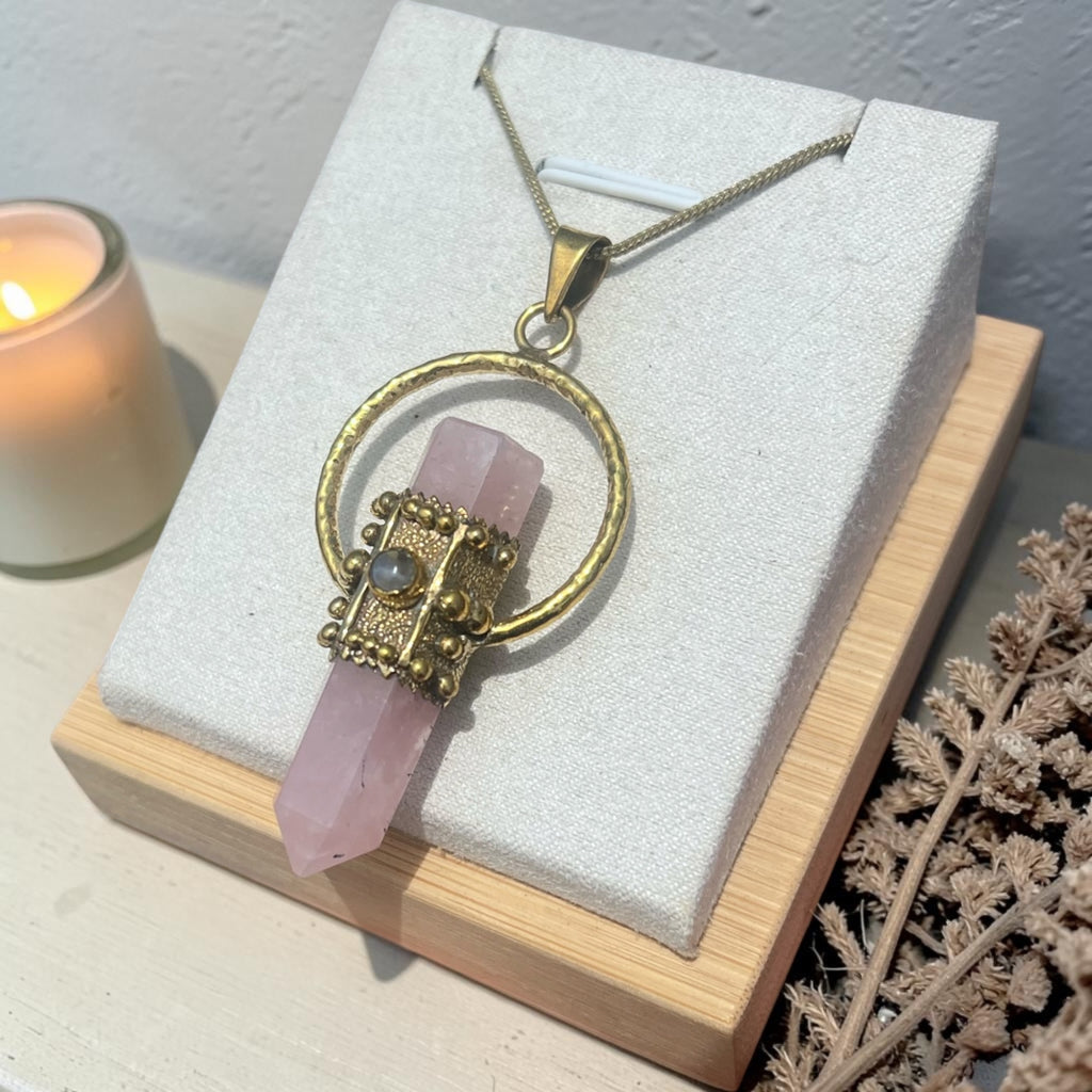Rose Quartz & Labradorite Brass Pendant Necklace – Heart Healing Crystal Talisman