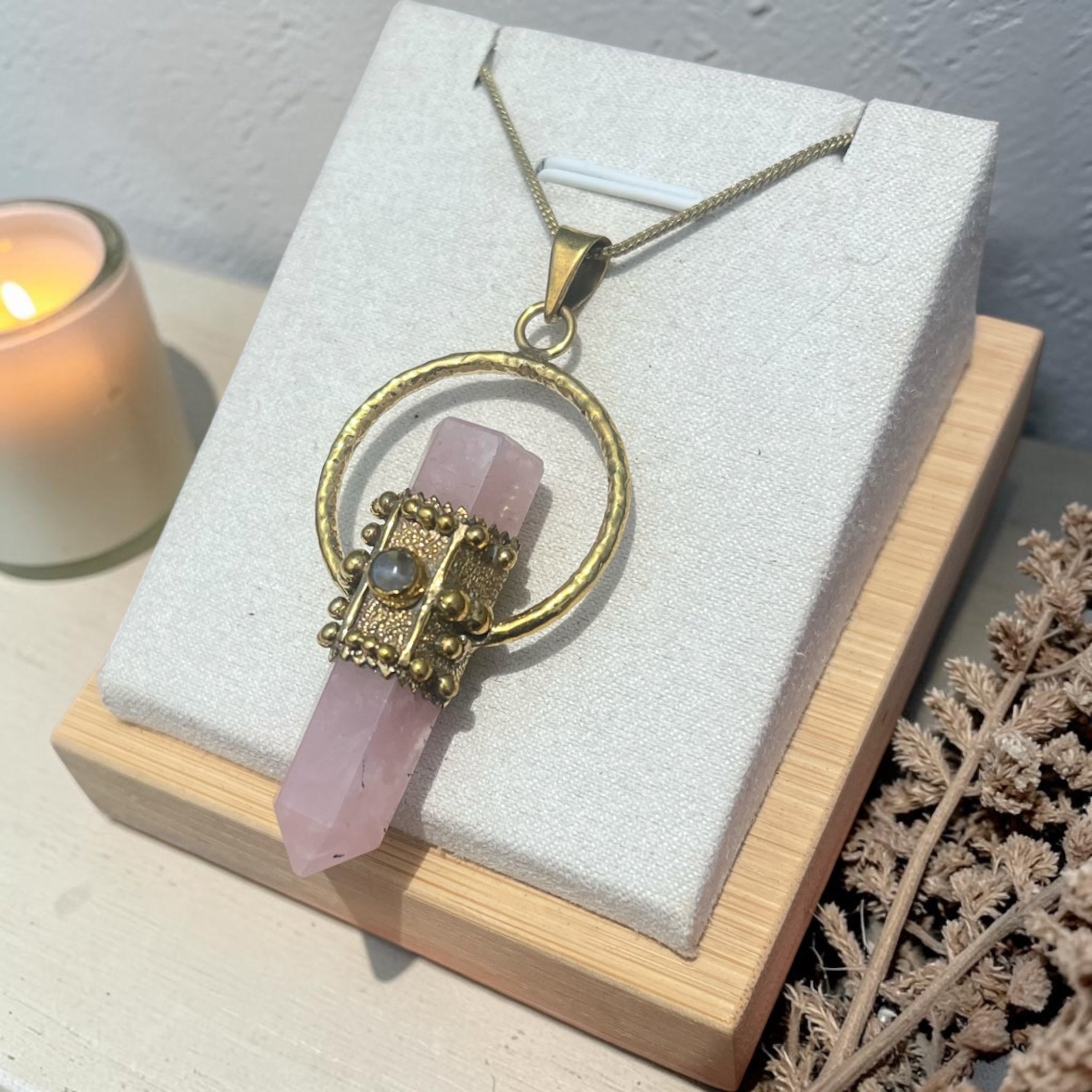 Rose Quartz & Labradorite Brass Pendant Necklace – Heart Healing Crystal Talisman