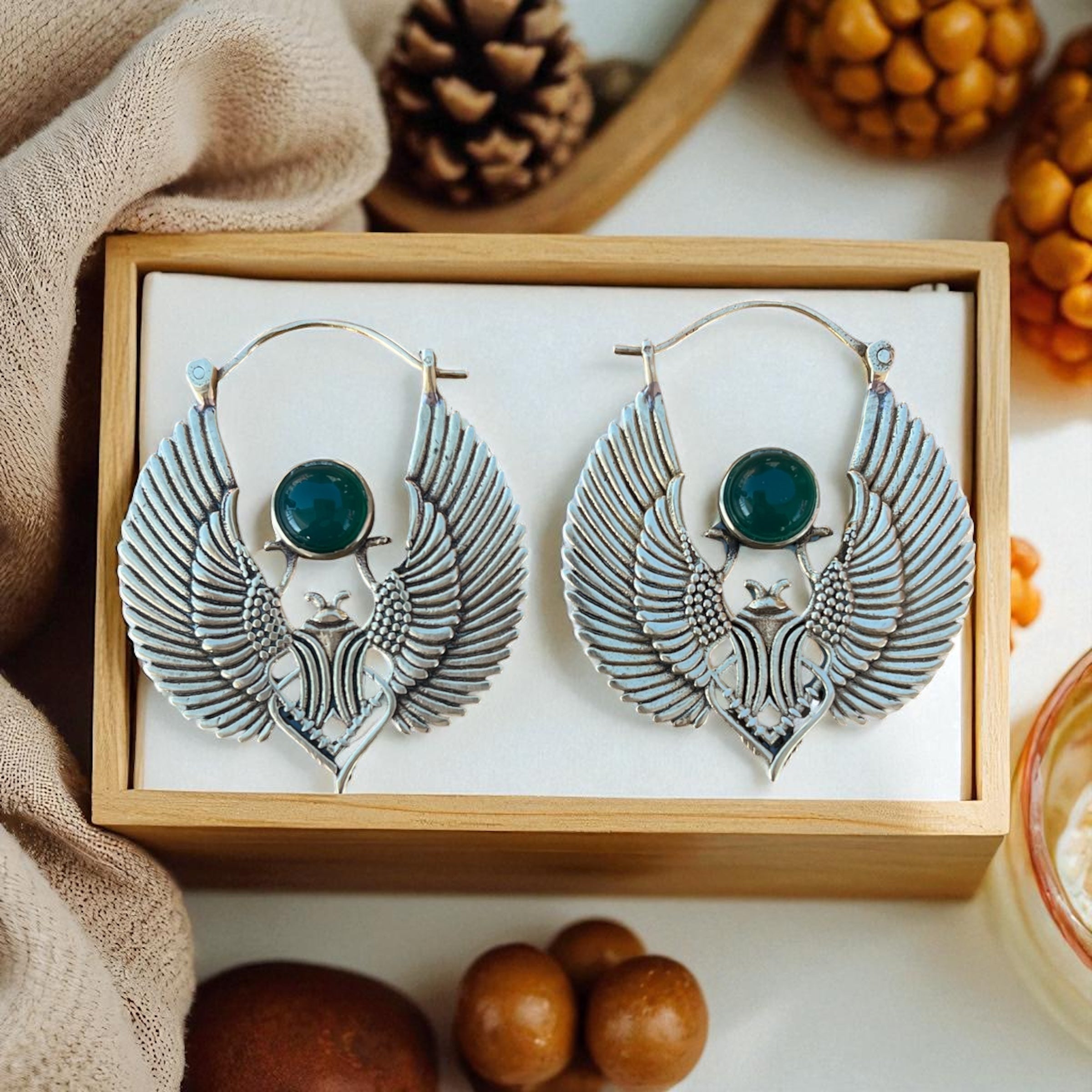 Brass Scarab Earrings with gemstone