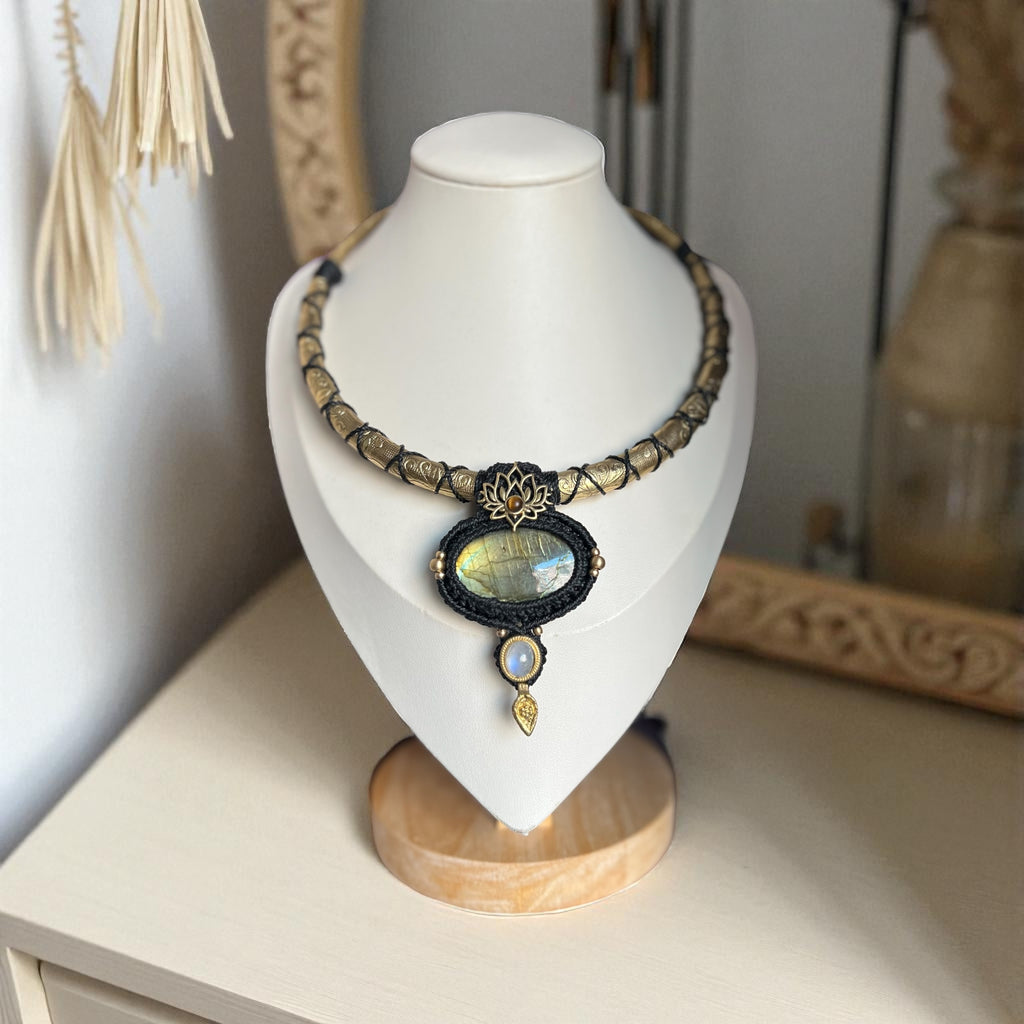 Sacred Lotus Amulet Necklace Labradorite, Tiger’s Eye and Rainbow Moonstone