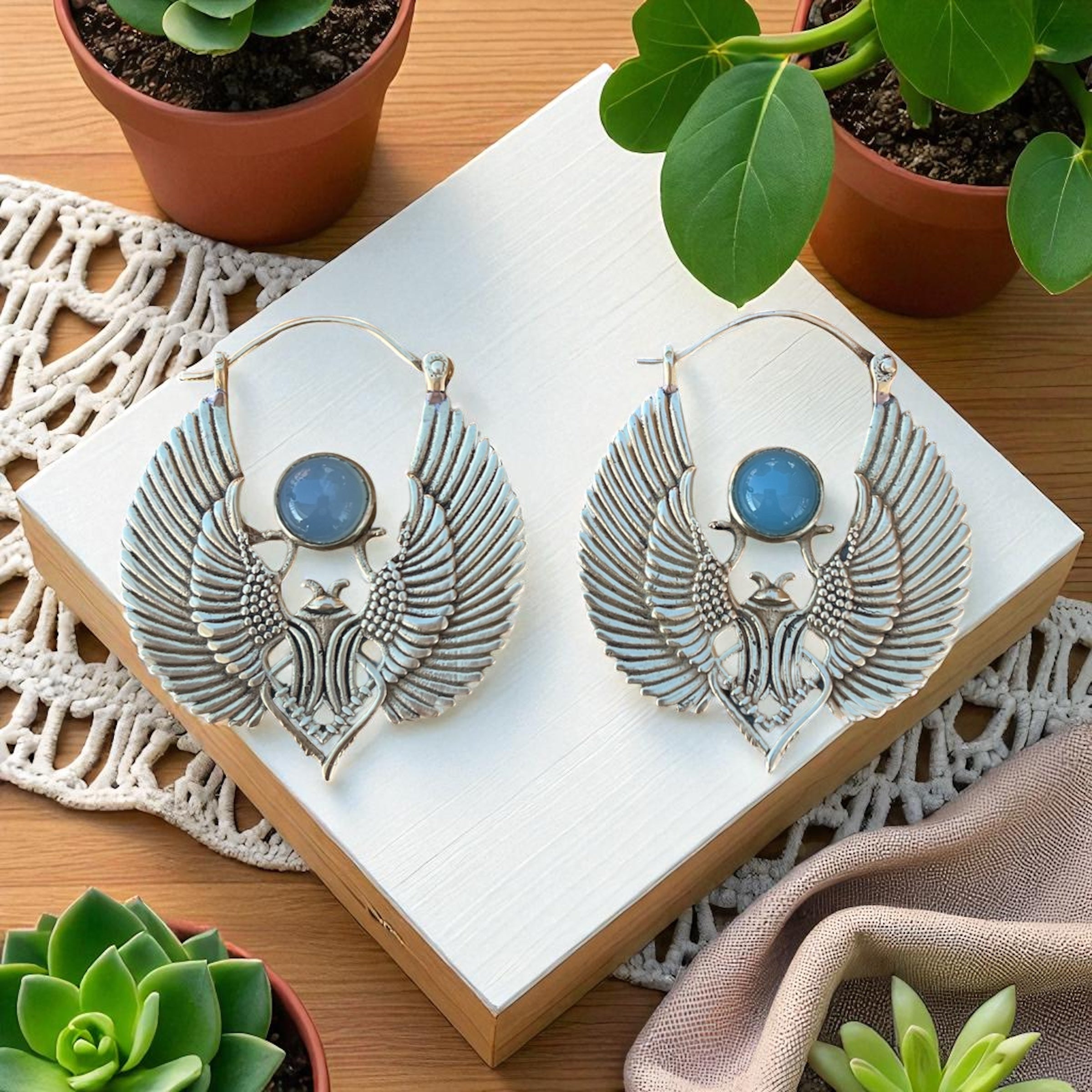 Brass Scarab Earrings blue chalcedony