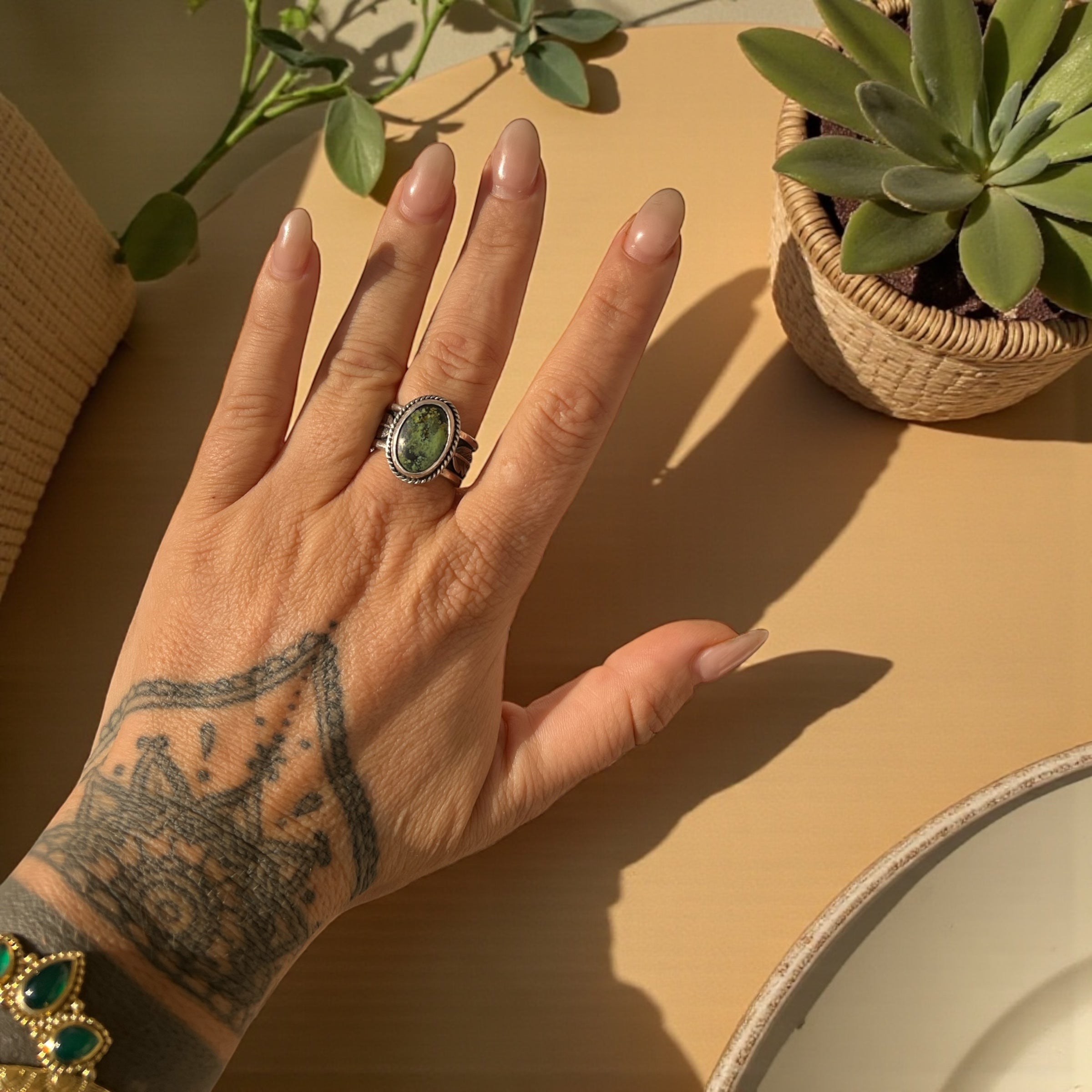 Silver Ring with Tibetan Turquoise & Feather