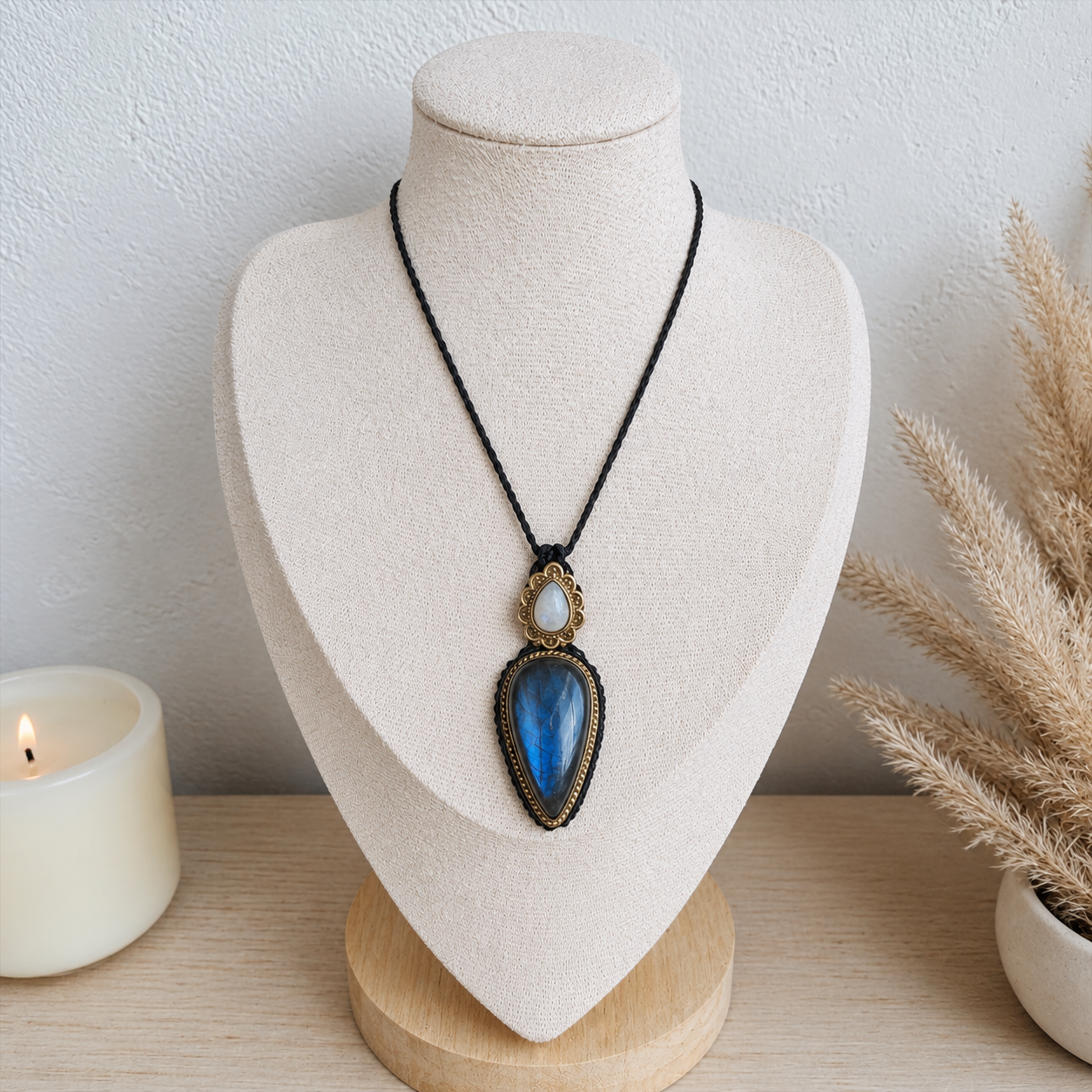 Labradorite & Rainbow Moonstone Macramé Necklace – Handmade with Intention