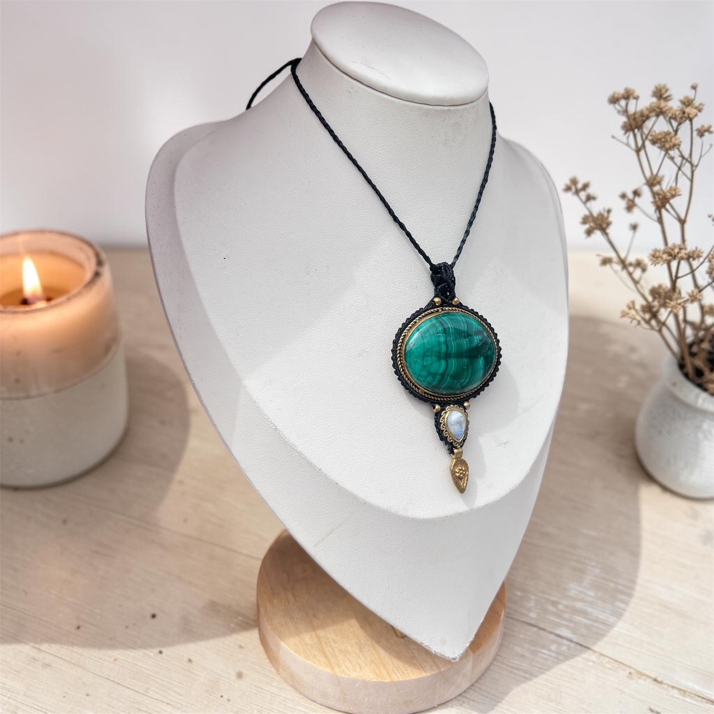 Malachite & Moonstone Macramé Necklace