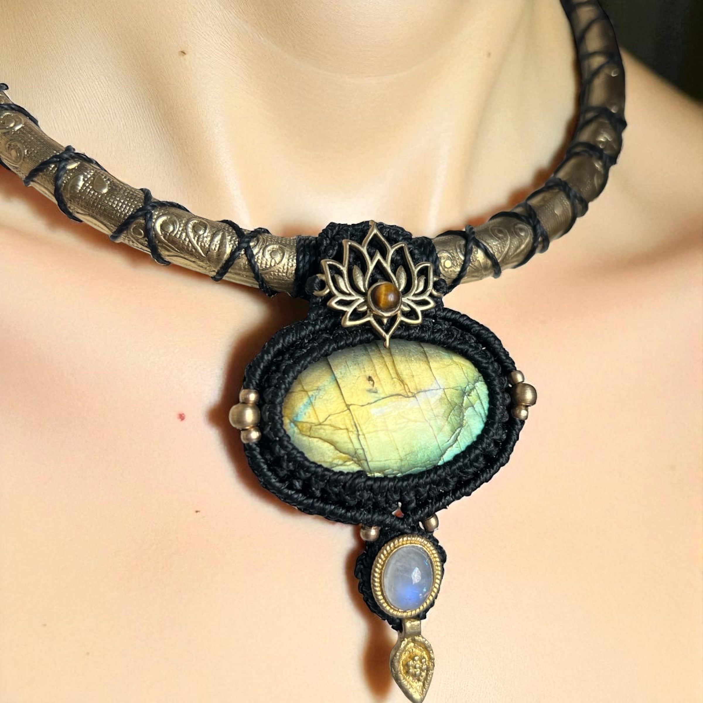 Sacred Lotus Amulet Necklace Labradorite, Tiger’s Eye and Rainbow Moonstone