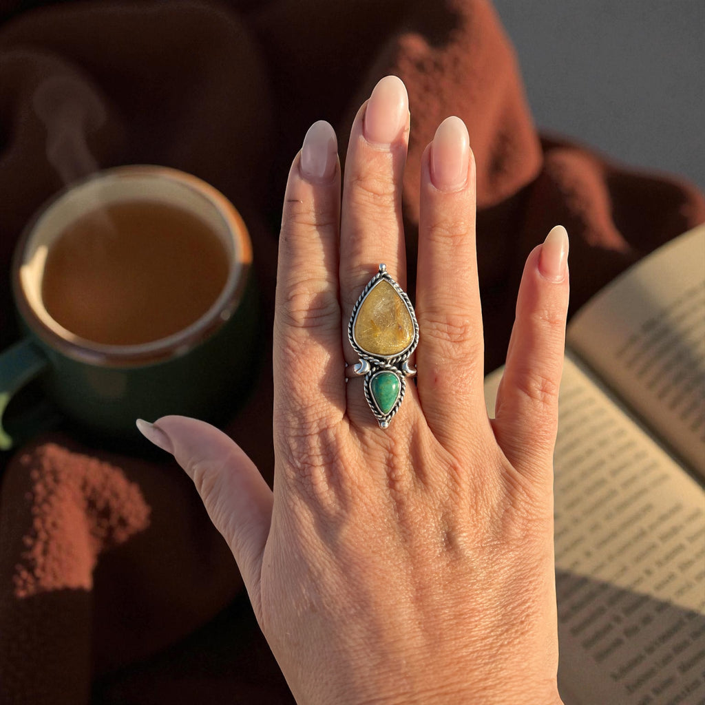 Rutilated Quartz & Turquoise Silver Ring