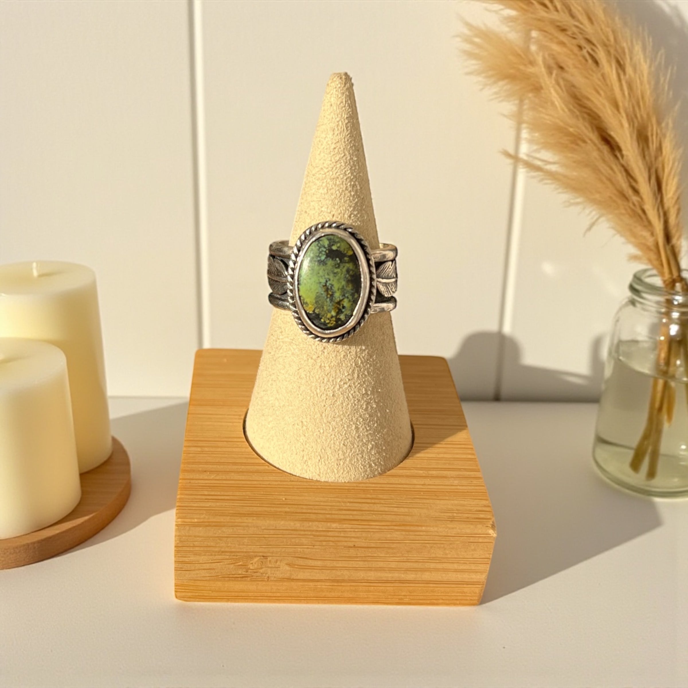 Silver Ring with Tibetan Turquoise & Feather