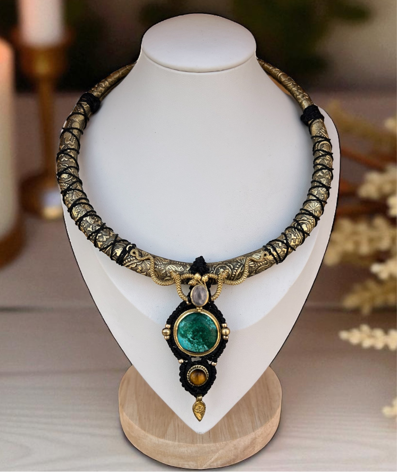 Serpent Guardian Warrior Necklace – Brass Choker with Chrysocolla, Rose Quartz &