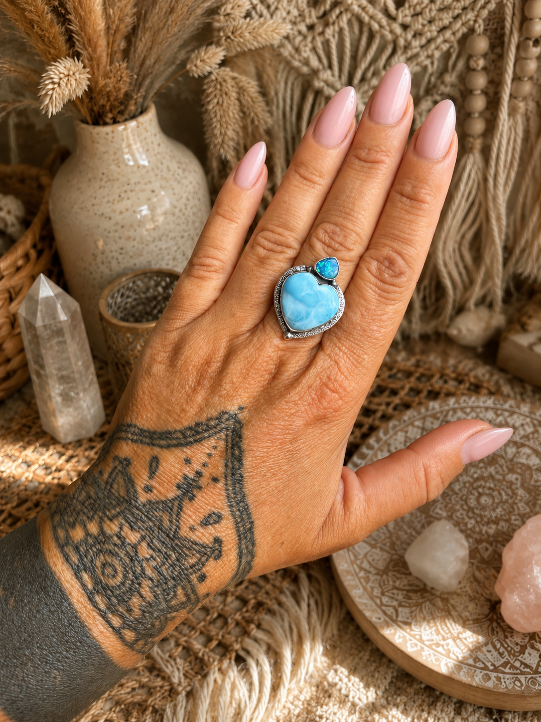 Australian Opal & Larimar Heart Ring – Handmade in Silver 925