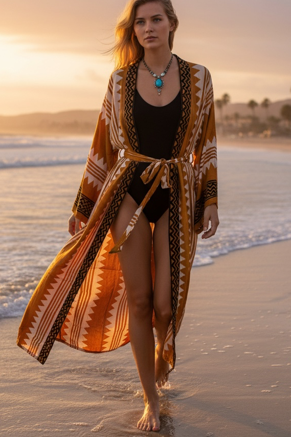 Golden Dunes Block Print Kimono