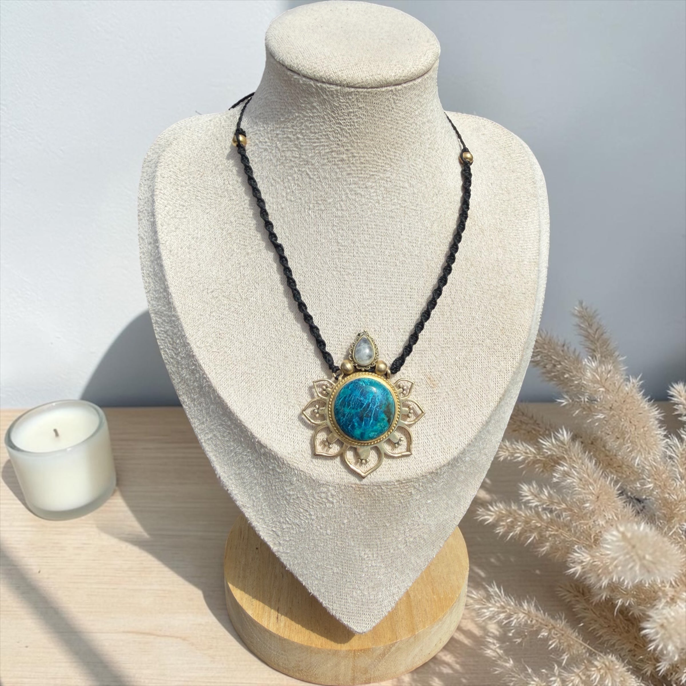 Chrysocolla & Moonstone Lotus Necklace