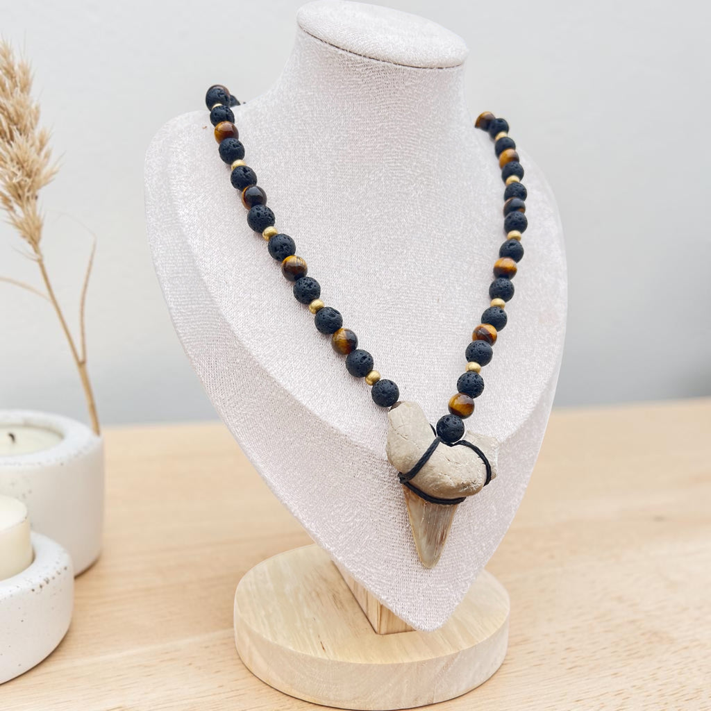 Fossil Shark Tooth, Lava Stone & Tiger Eye Beaded Necklace