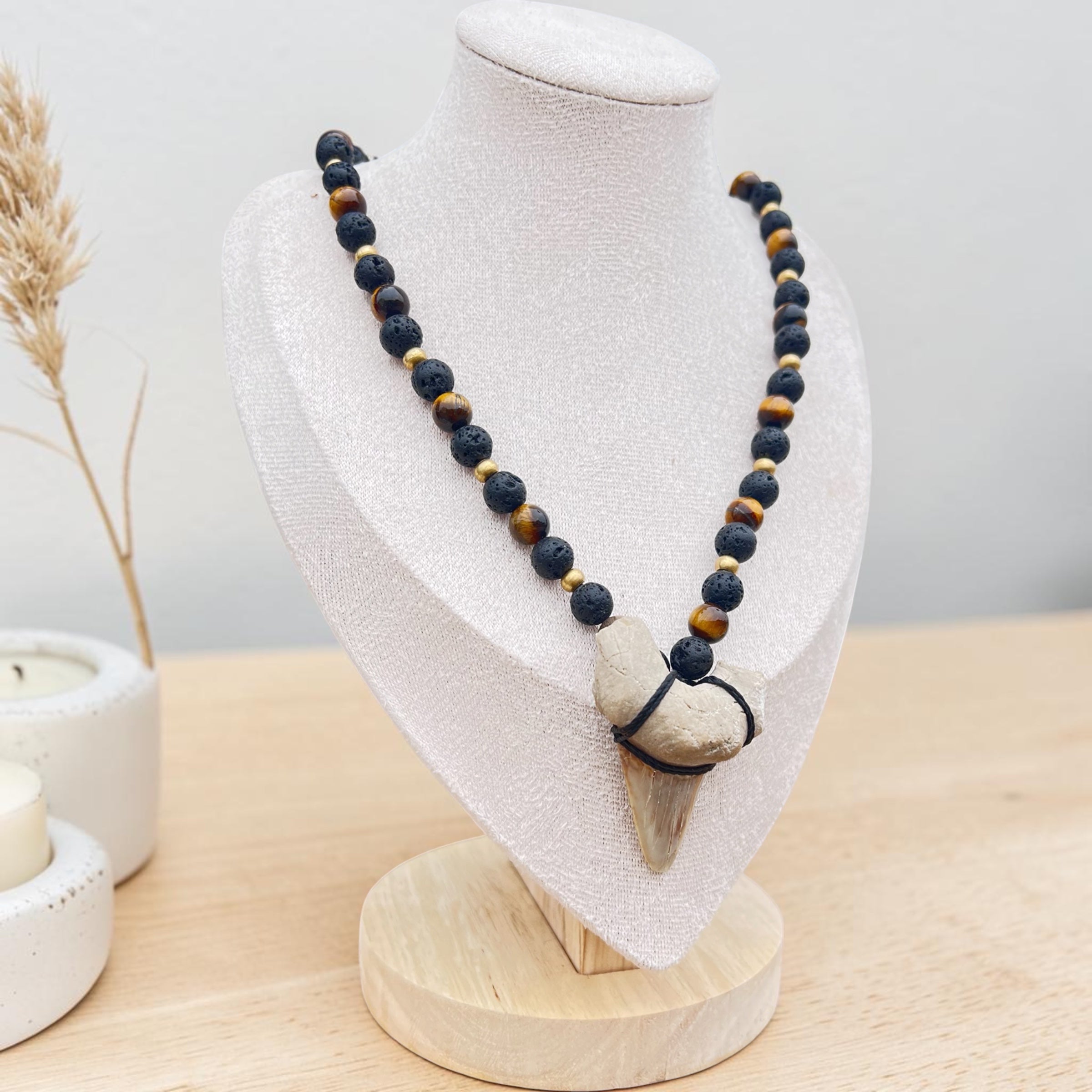 Fossil Shark Tooth, Lava Stone & Tiger Eye Beaded Necklace