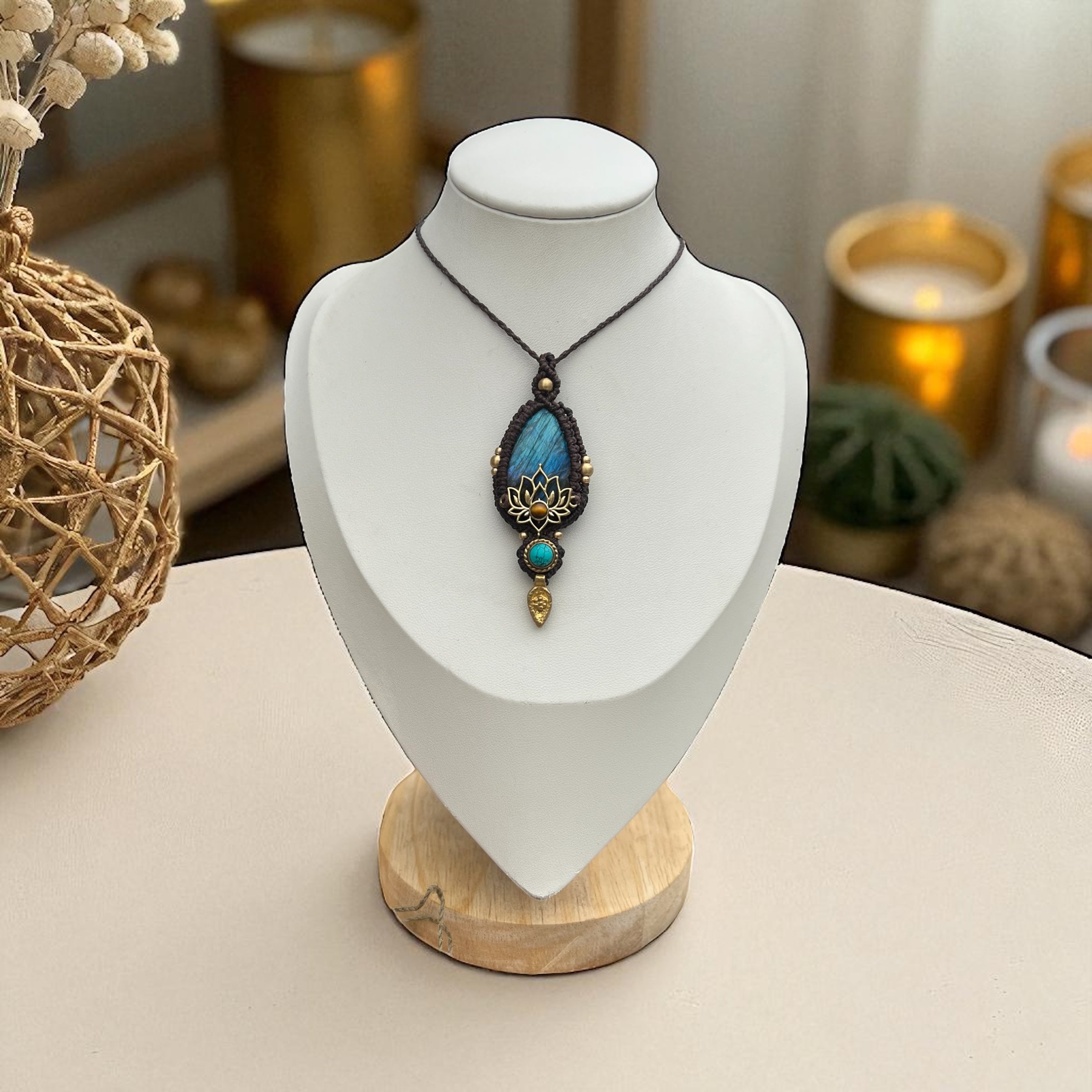 Lotus Flower Necklace with Labradorite & Tiger’s Eye