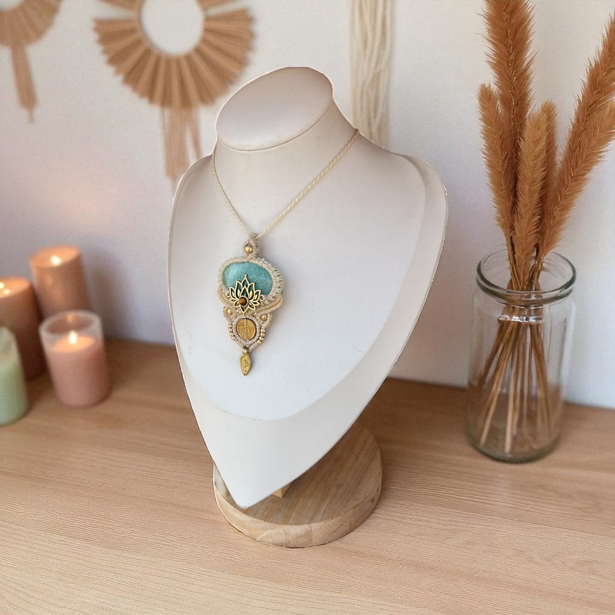 Amazonite & Lotus Necklace with Tiger Eye