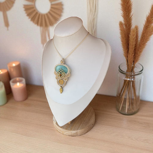 Amazonite & Lotus Necklace with Tiger Eye