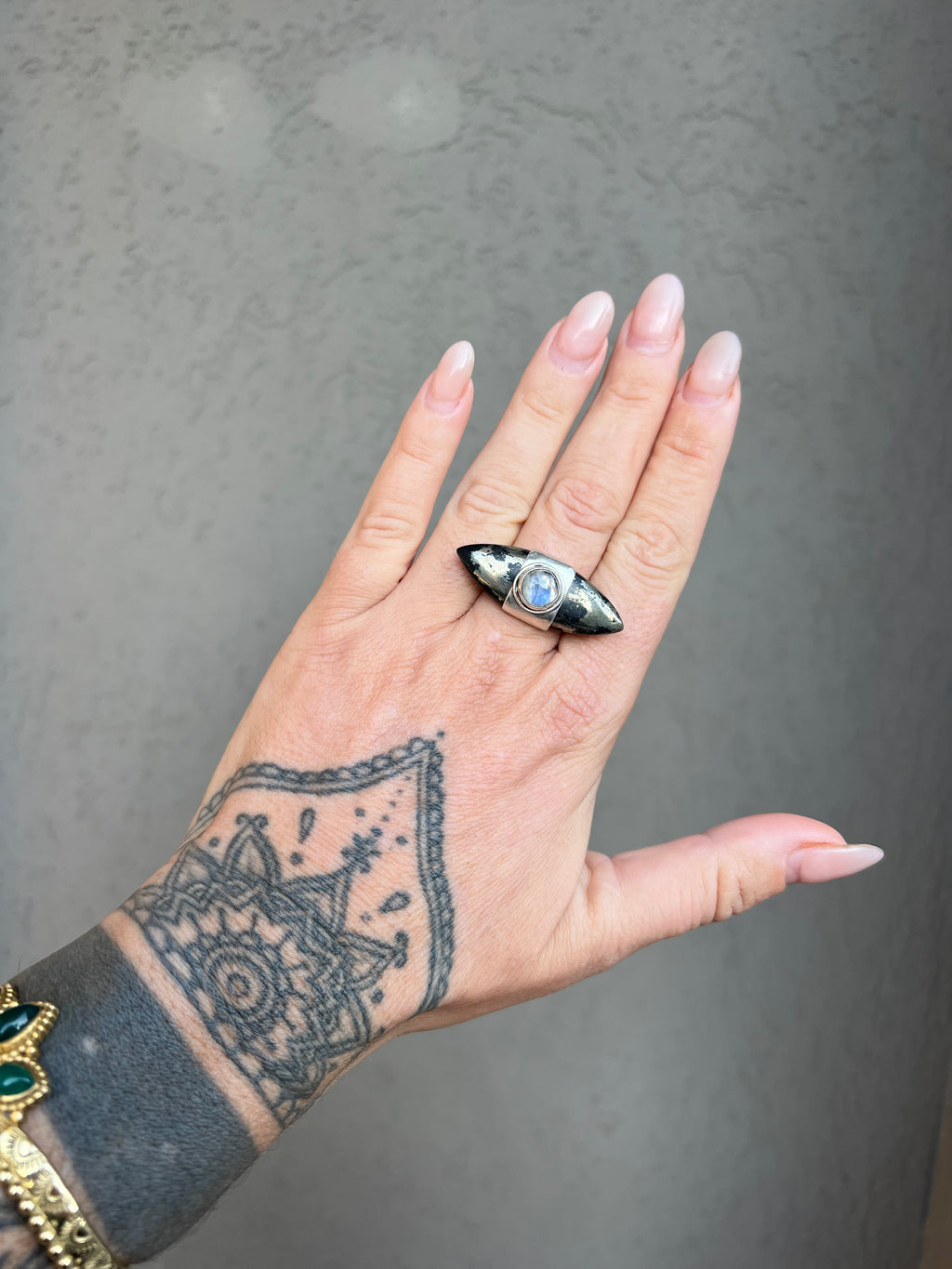 Pyrite Tourmaline and  Moonstone Ring , Adjustable Silver