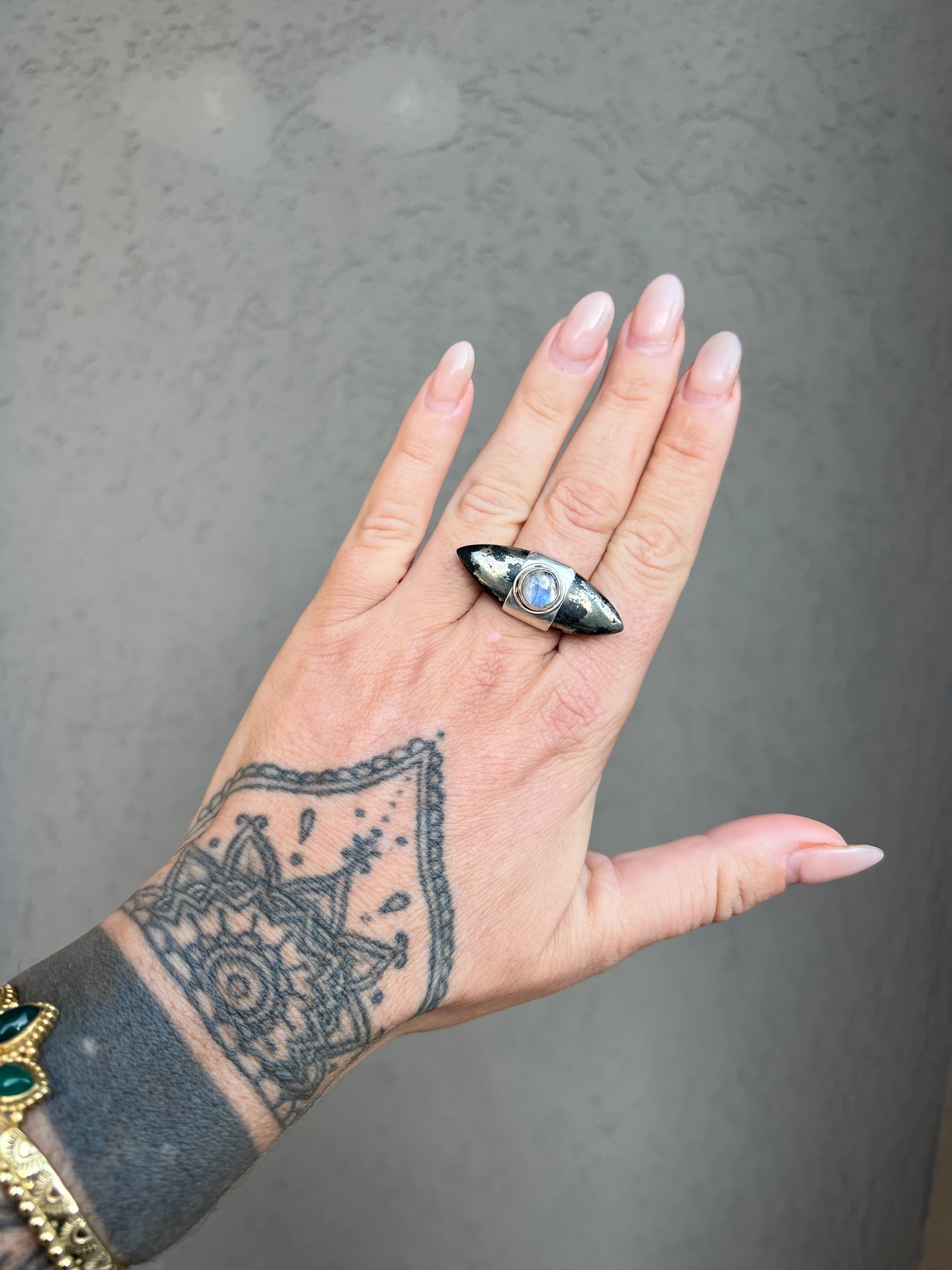 Pyrite Tourmaline and  Moonstone Ring , Adjustable Silver