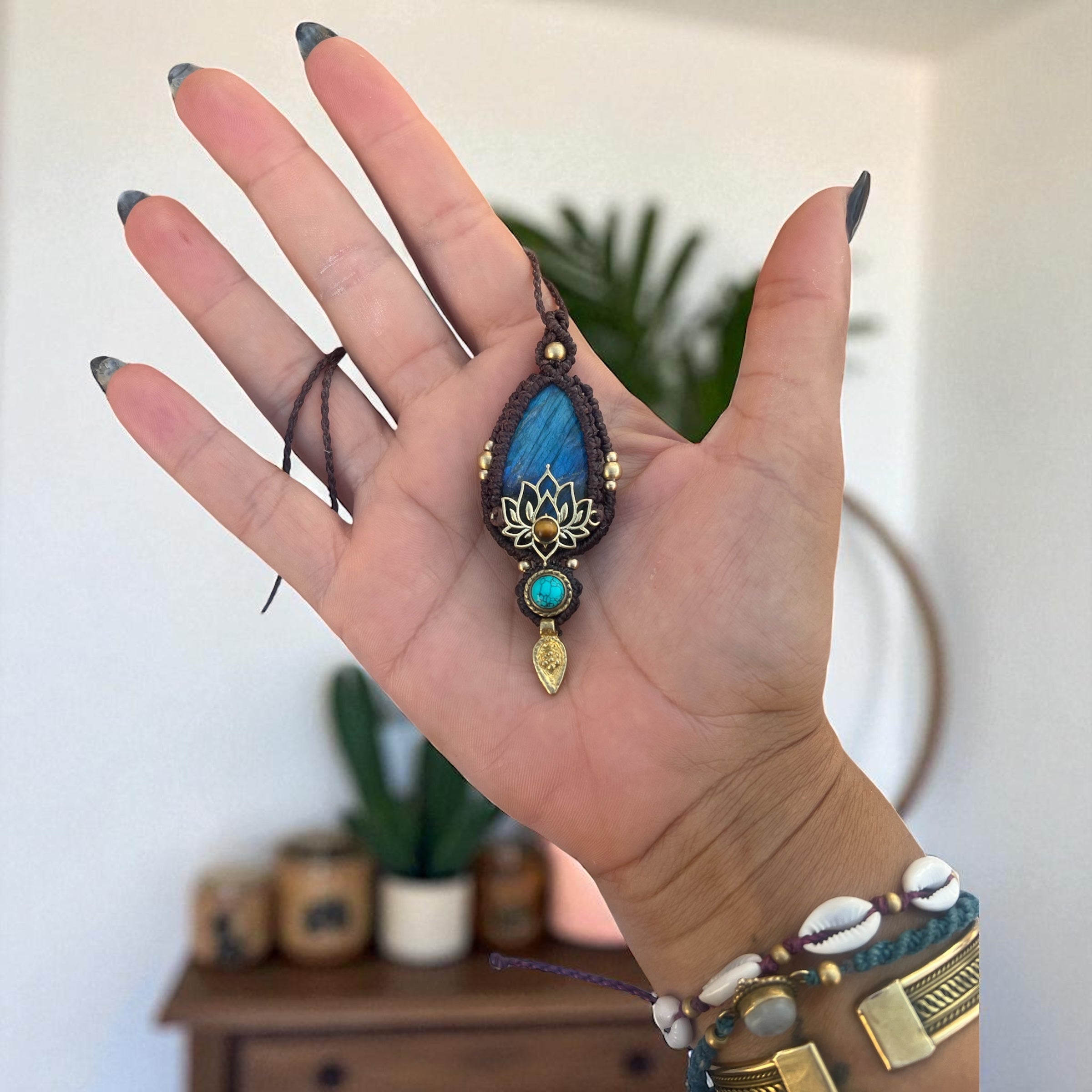Lotus Flower Necklace with Labradorite & Tiger’s Eye