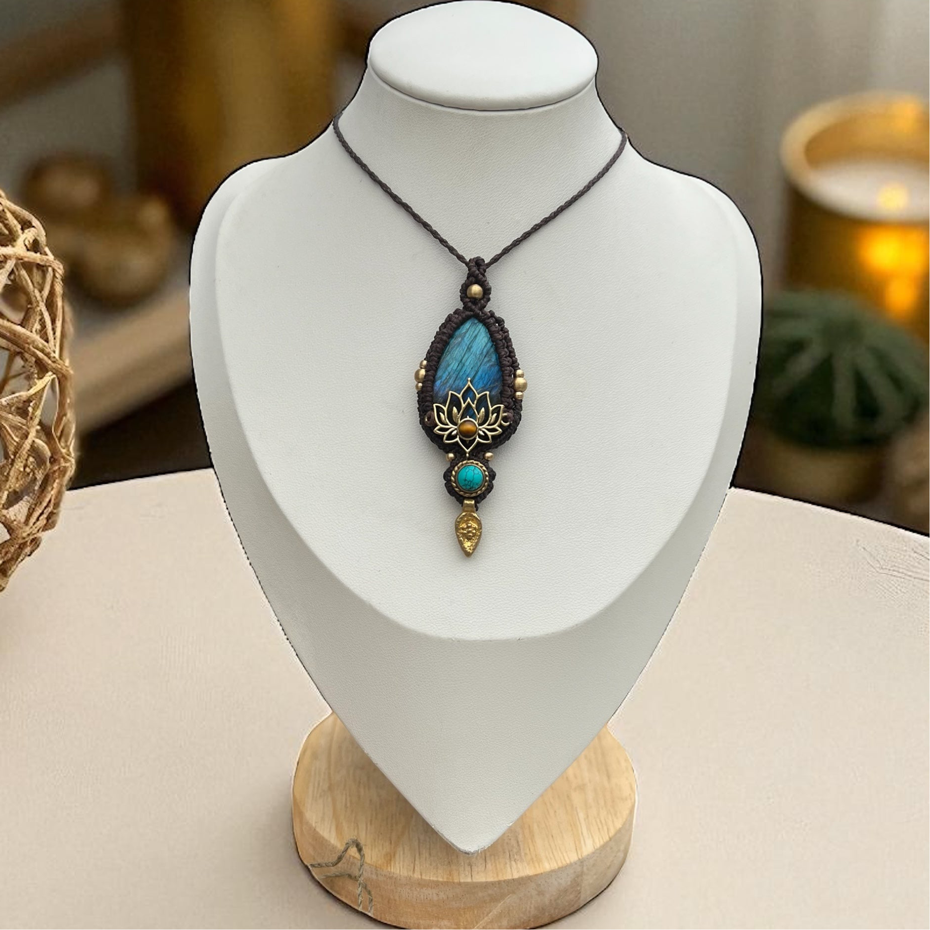 Lotus Flower Necklace with Labradorite & Tiger’s Eye