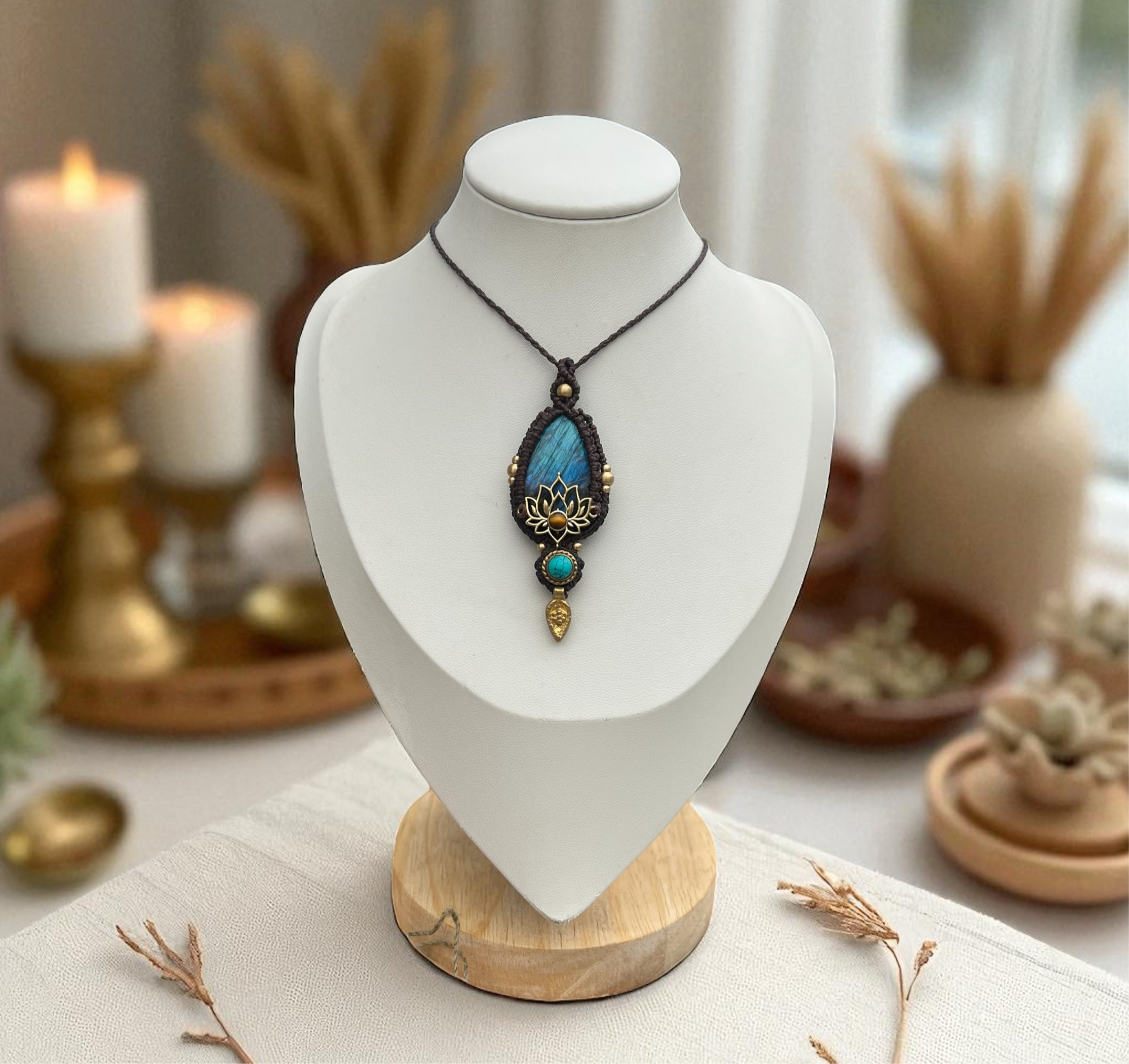 Lotus Flower Necklace with Labradorite & Tiger’s Eye