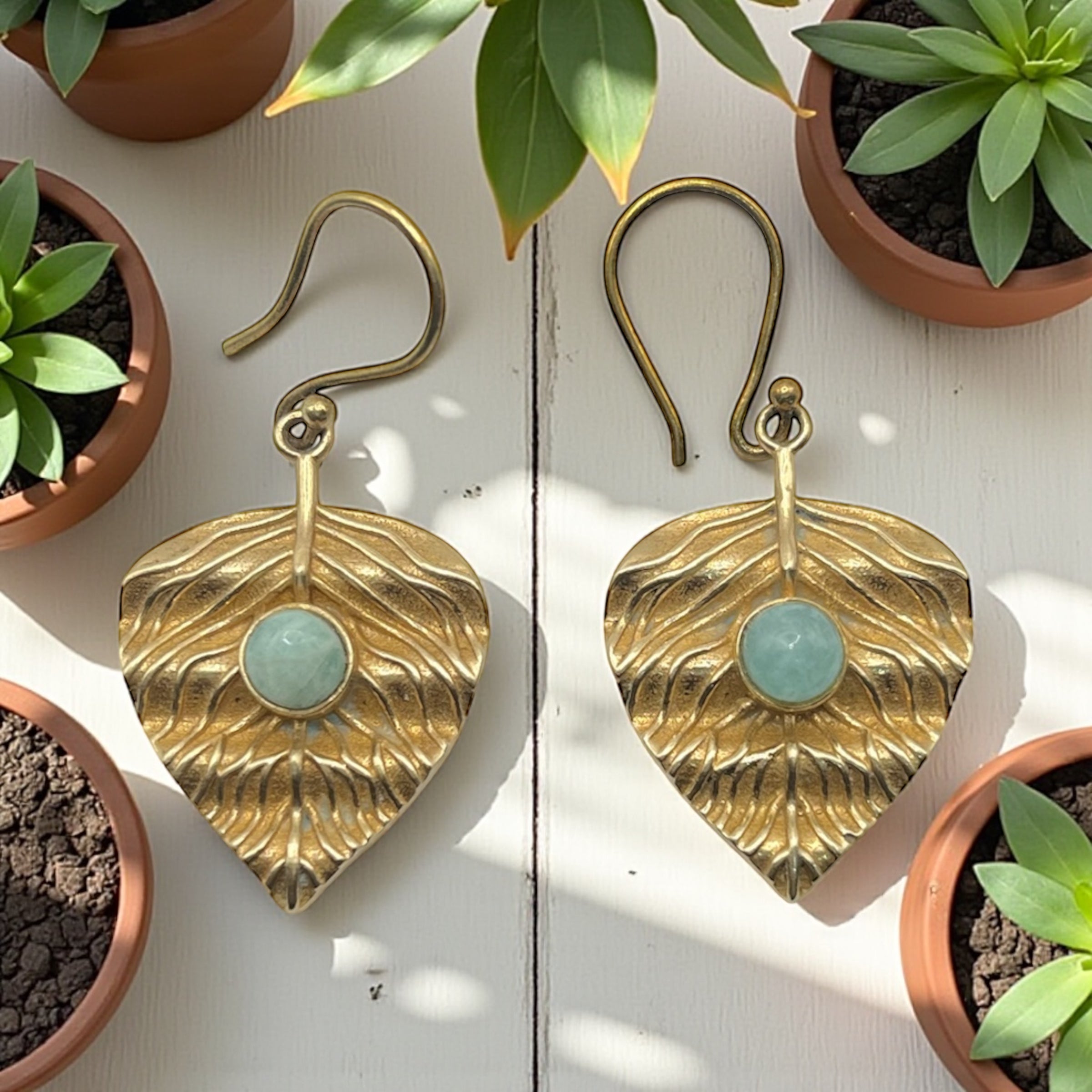 Boho Brass Leaf Earrings with Gemstone
