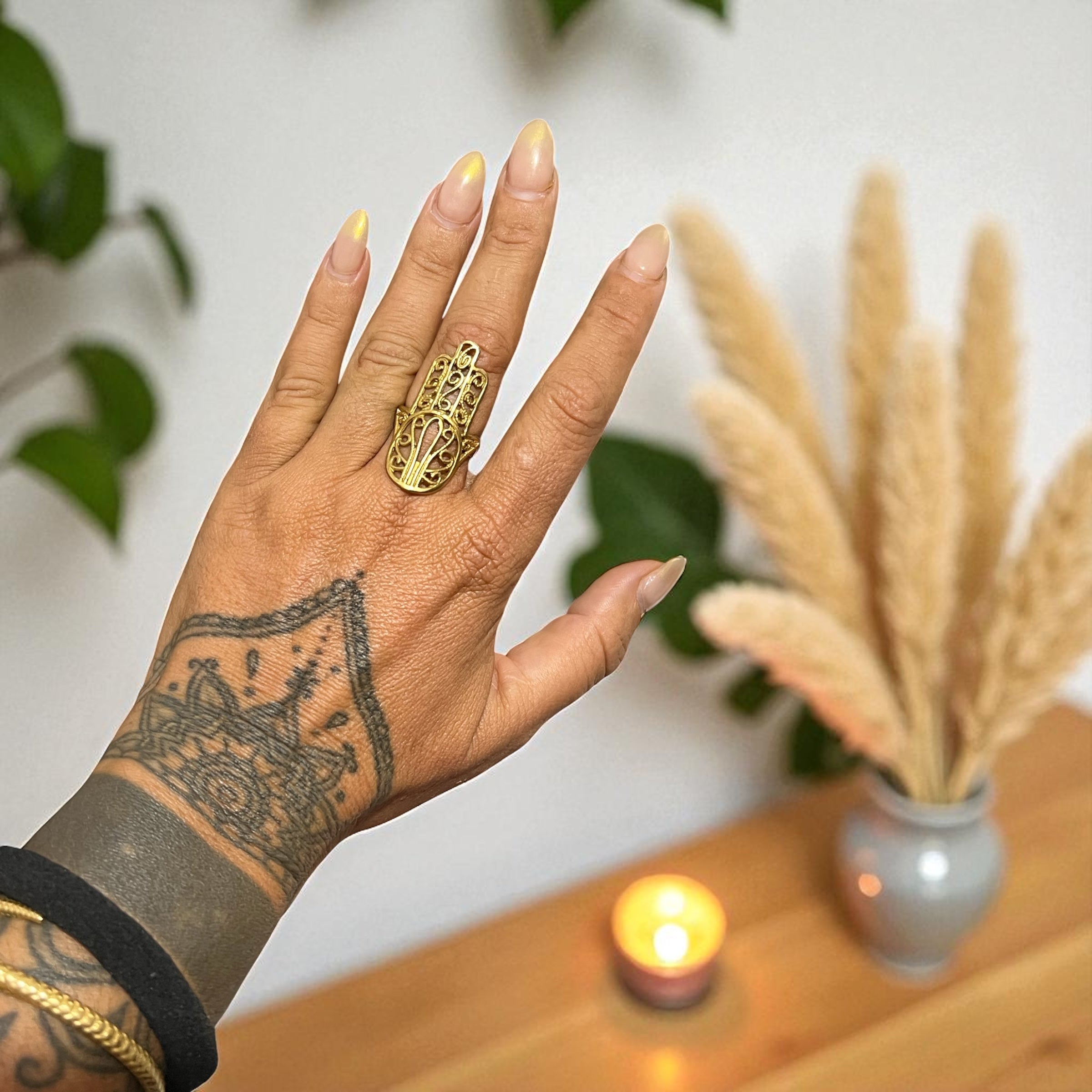 Brass Adjustable Hamsa Ring – Hand of Fatima Protection Jewelry