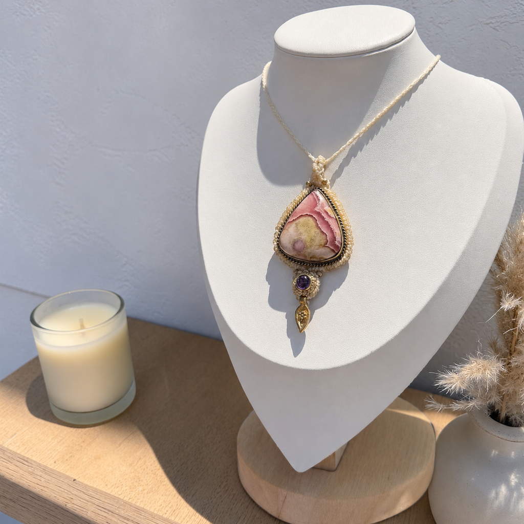 Rhodochrosite & Amethyst Macramé Necklace