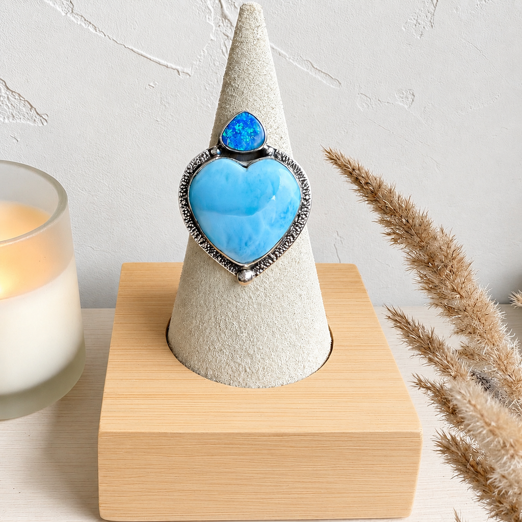Australian Opal & Larimar Heart Ring – Handmade in Silver 925