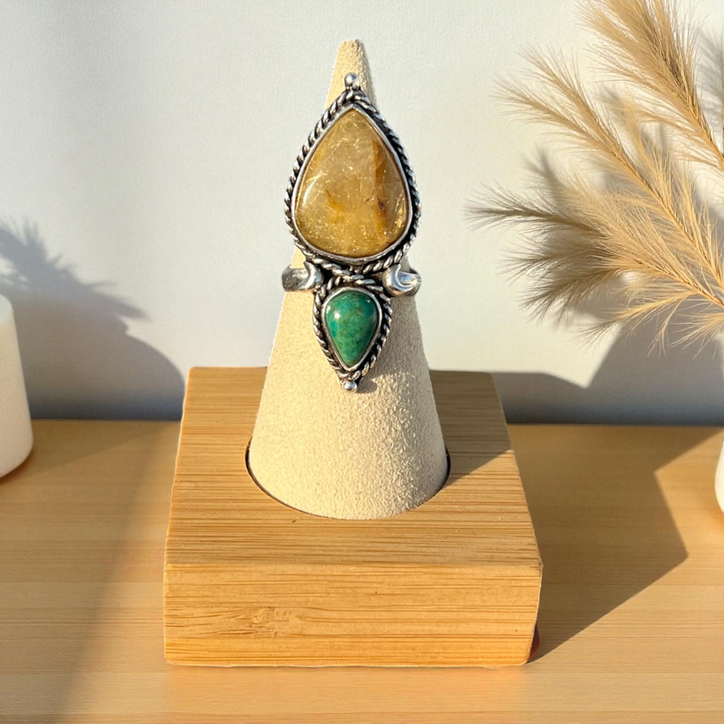 Rutilated Quartz & Turquoise Silver Ring