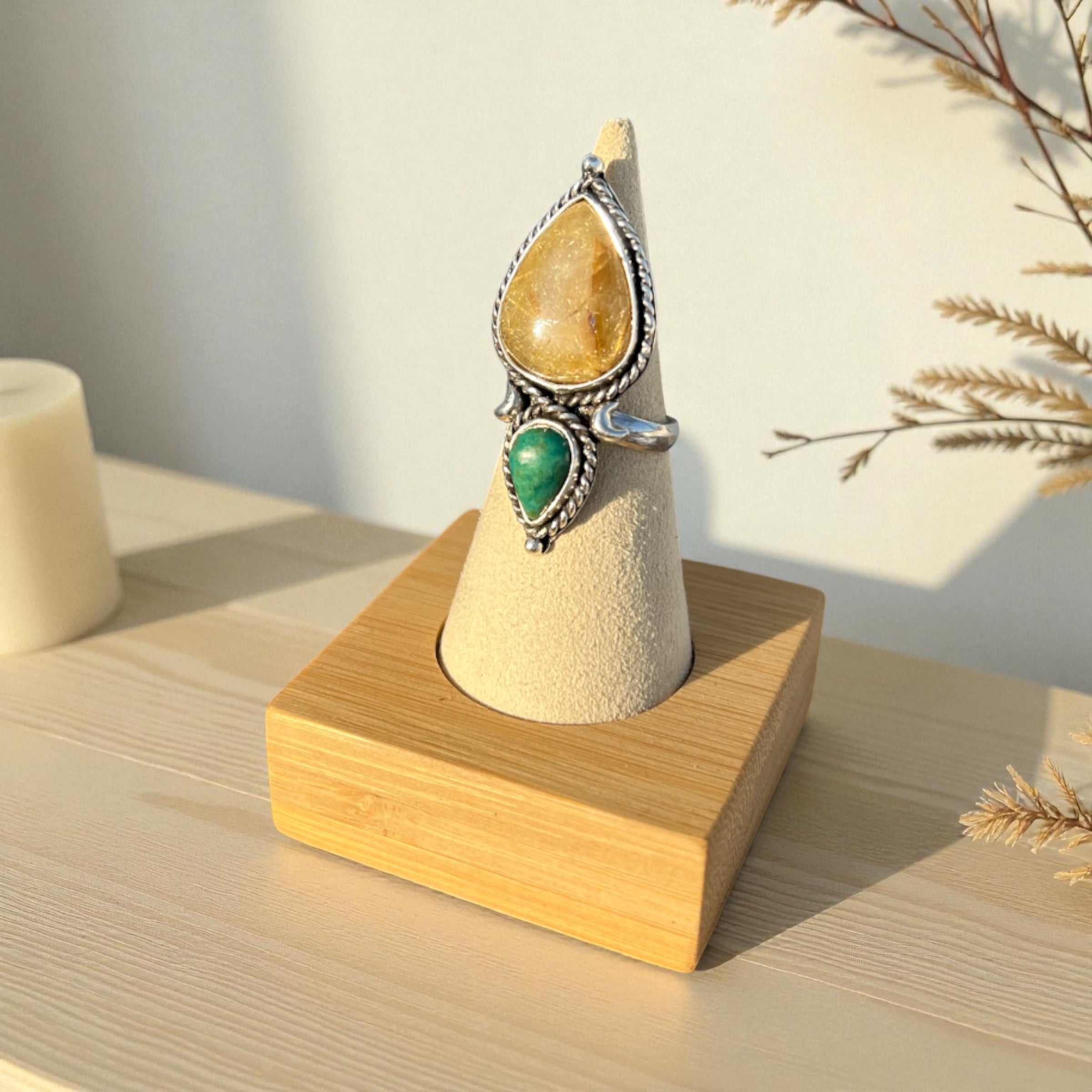 Rutilated Quartz & Turquoise Silver Ring