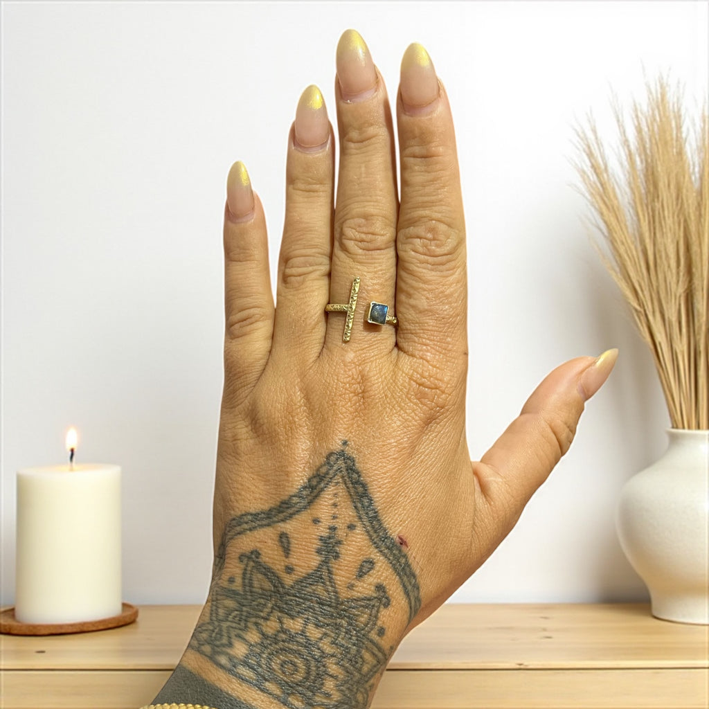 Elegant Labradorite Ring – Adjustable Brass from India