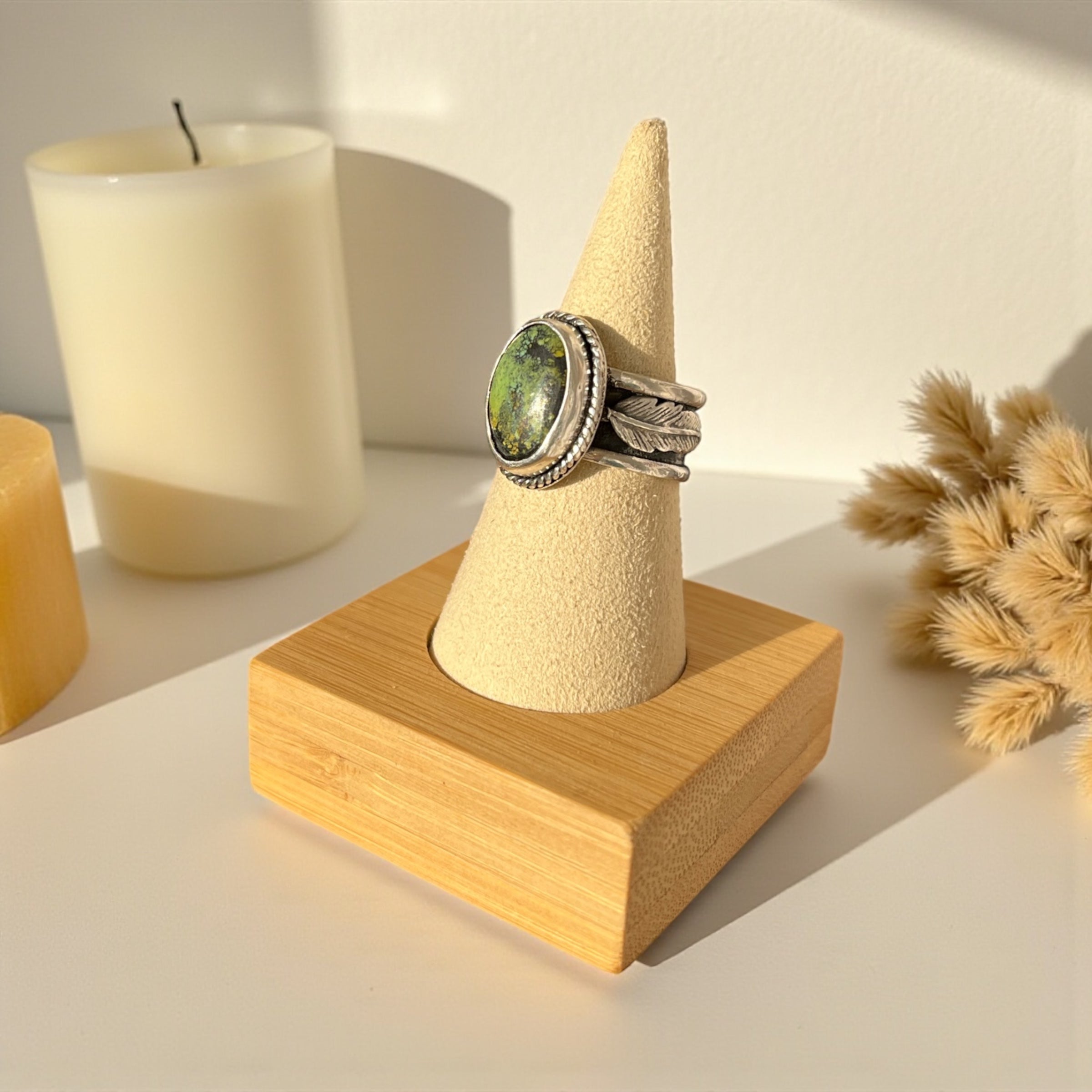 Silver Ring with Tibetan Turquoise & Feather