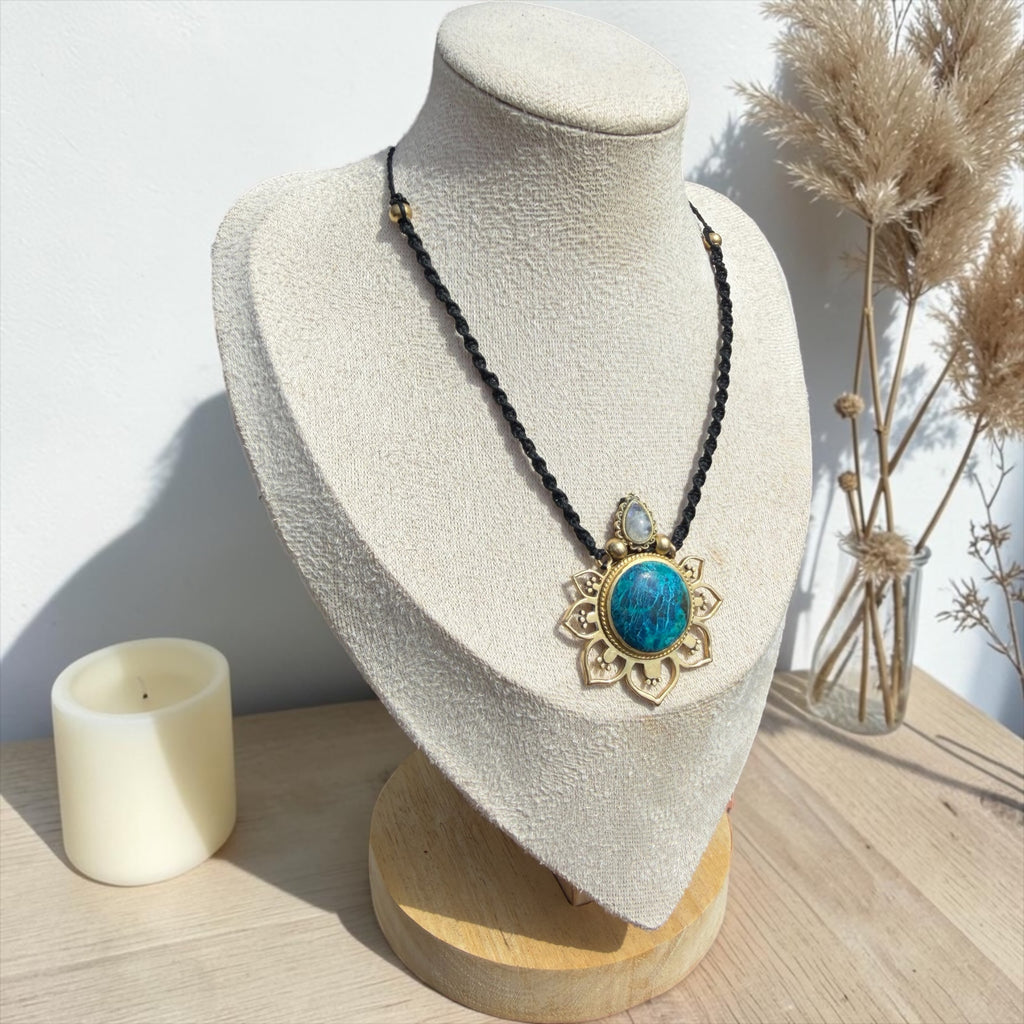 Chrysocolla & Moonstone Lotus Necklace