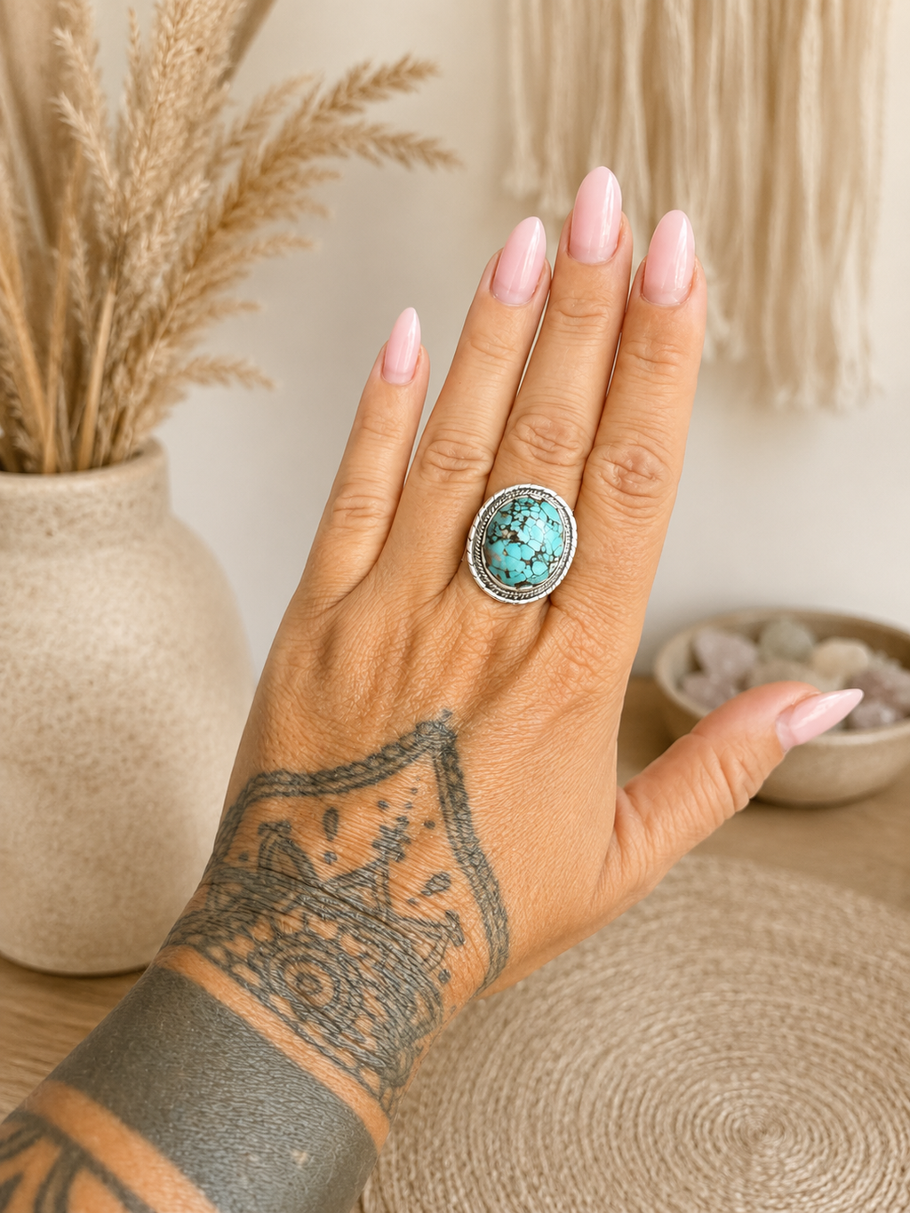 Natural Turquoise Statement Ring in Sterling Silver 925 | Handmade Boho Gemstone Ring