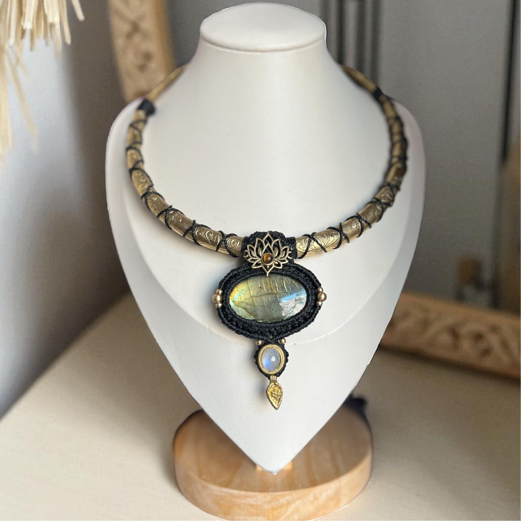 Sacred Lotus Amulet Necklace Labradorite, Tiger’s Eye and Rainbow Moonstone
