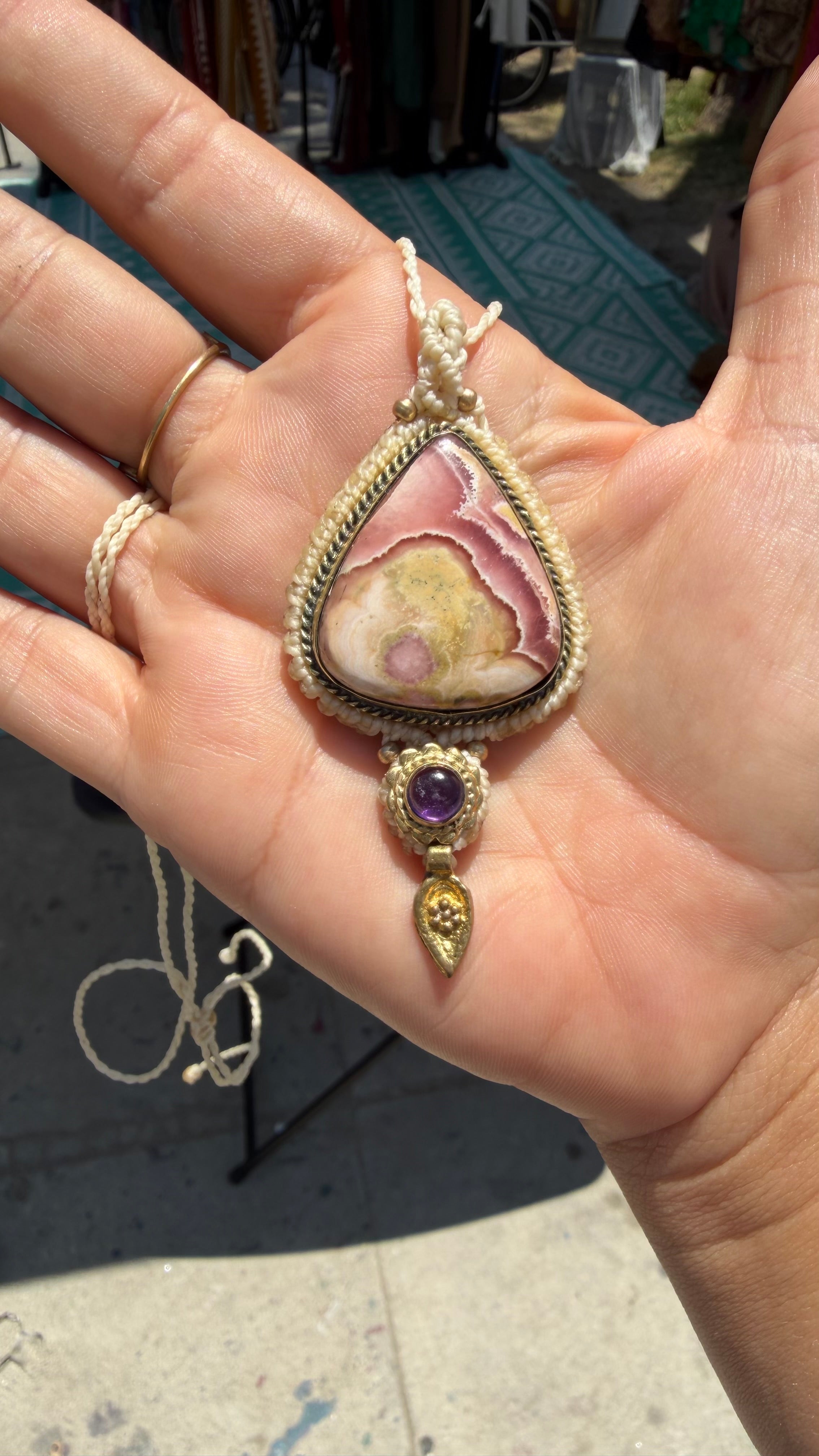 Rhodochrosite & Amethyst Macramé Necklace