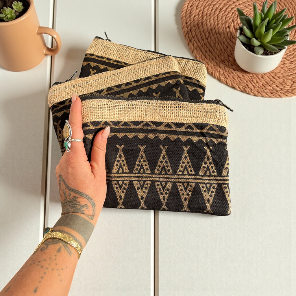 Boho Pouch – Hand-Stamped Indian Design (Padded & Durable)