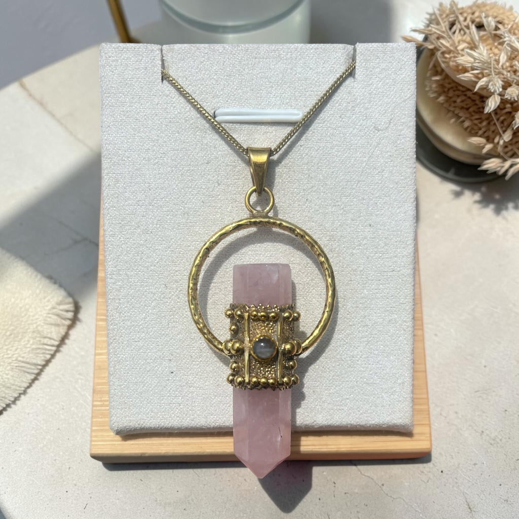 Rose Quartz & Labradorite Brass Pendant Necklace – Heart Healing Crystal Talisman